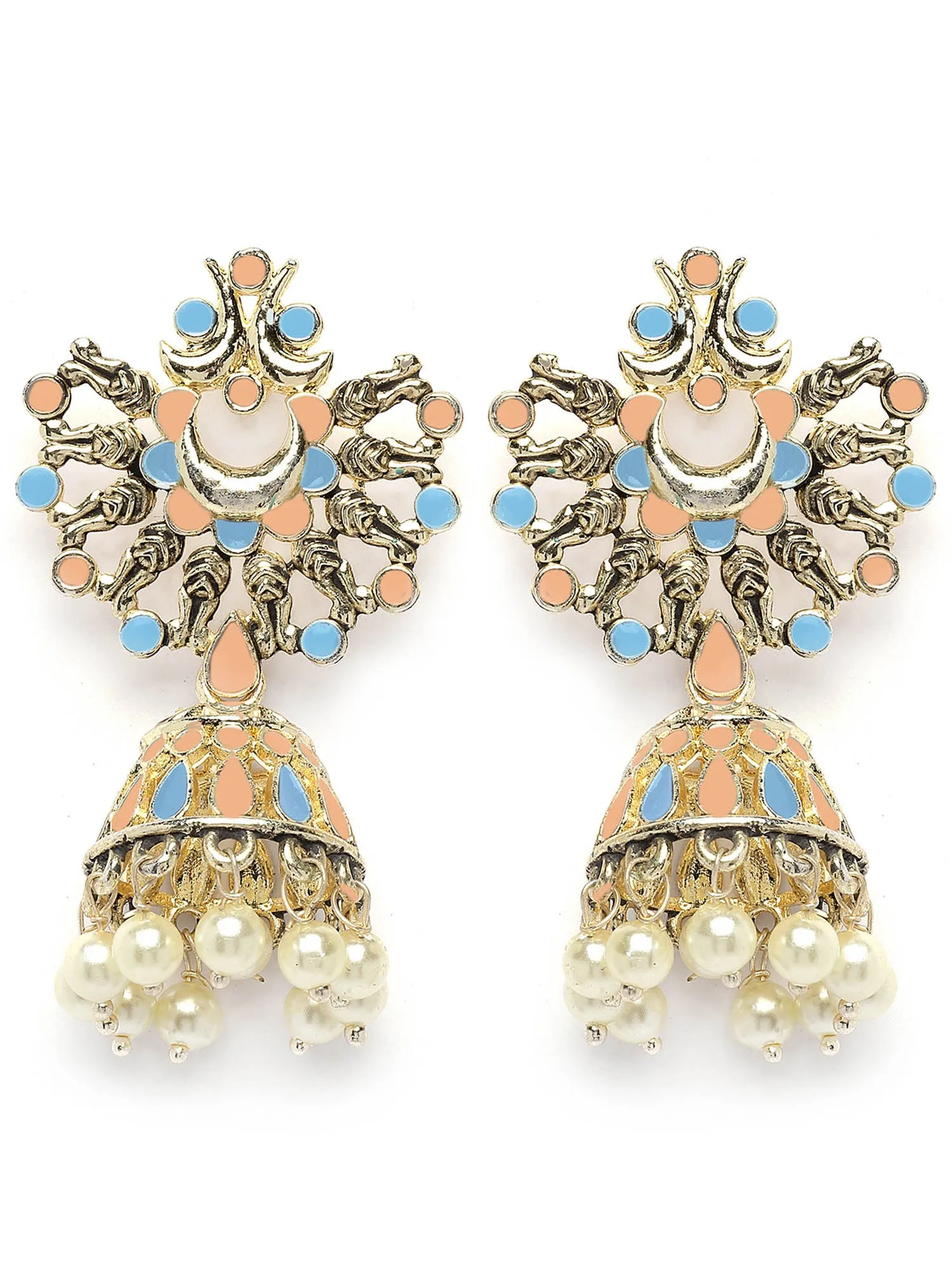 Karatcart Gold Plated Peach and Light Blue Meena Jhumki Earrings for Women