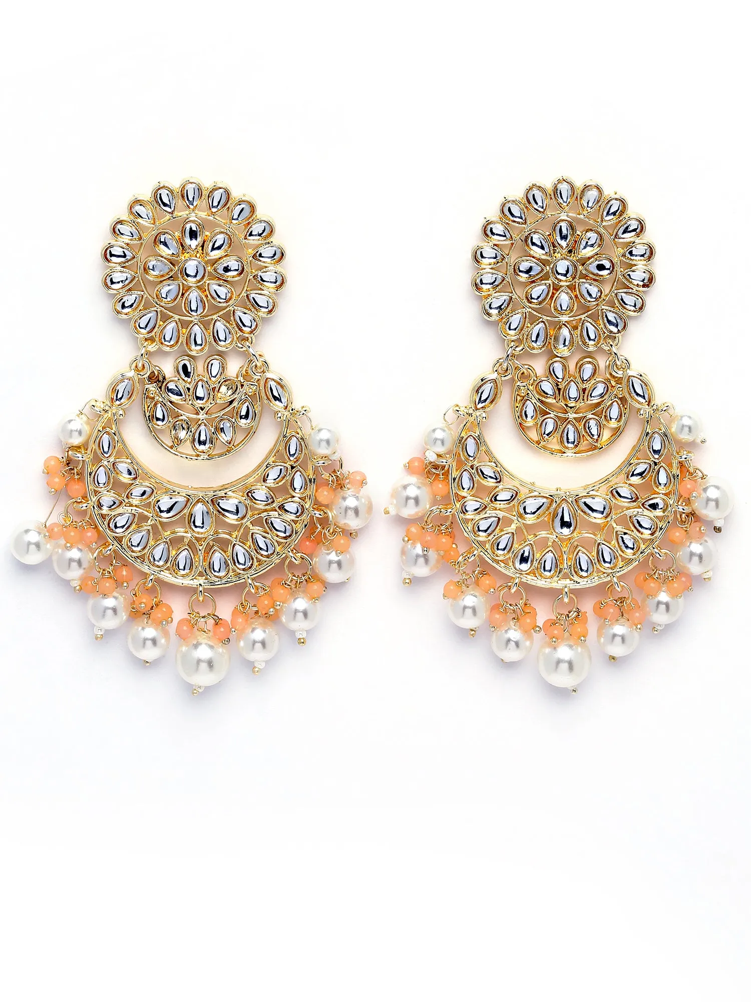 Karatcart Gold Plated Peach and Pearl Beads Studded Kundan Dangler Earrings for Women