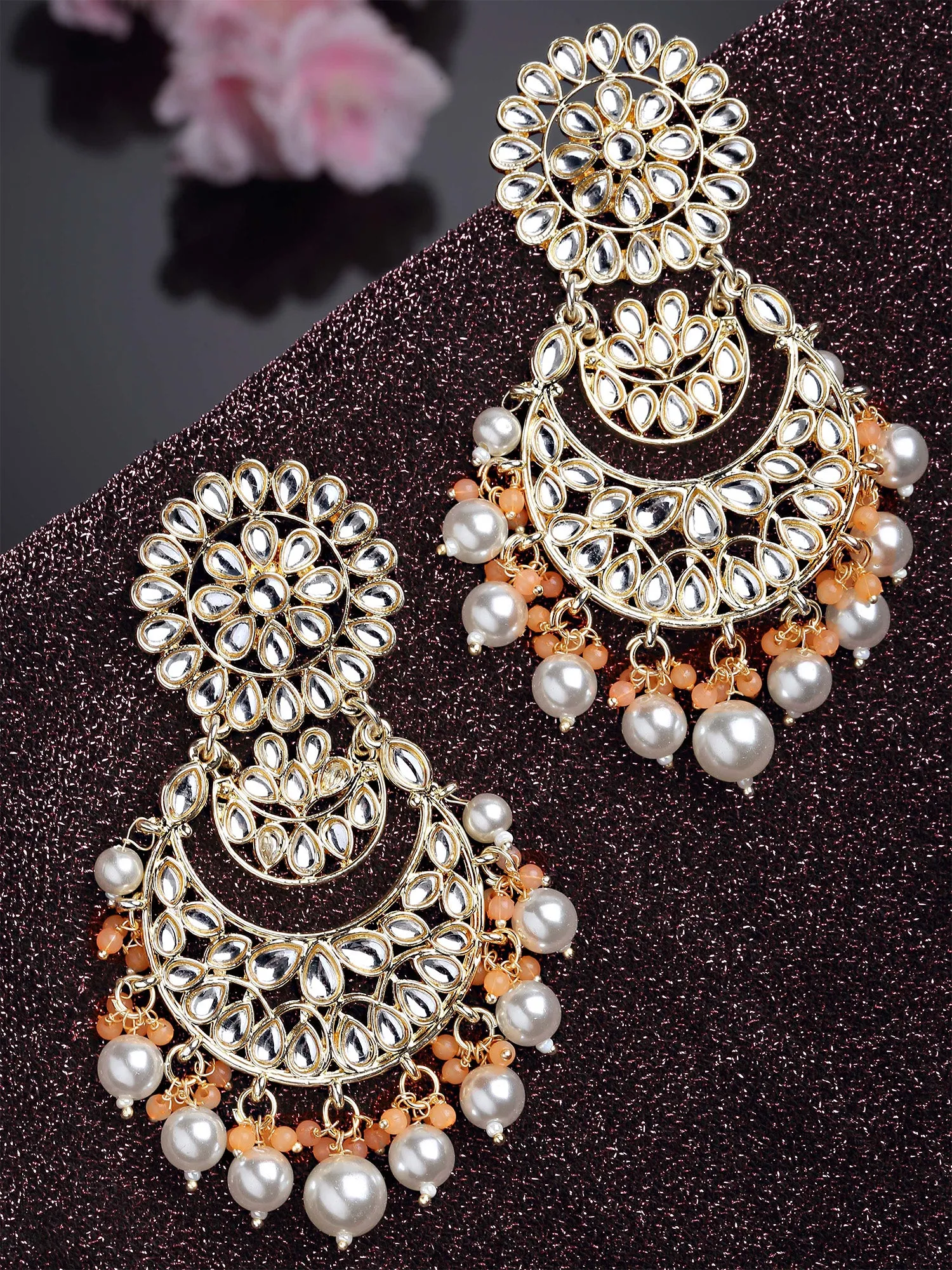 Karatcart Gold Plated Peach and Pearl Beads Studded Kundan Dangler Earrings for Women