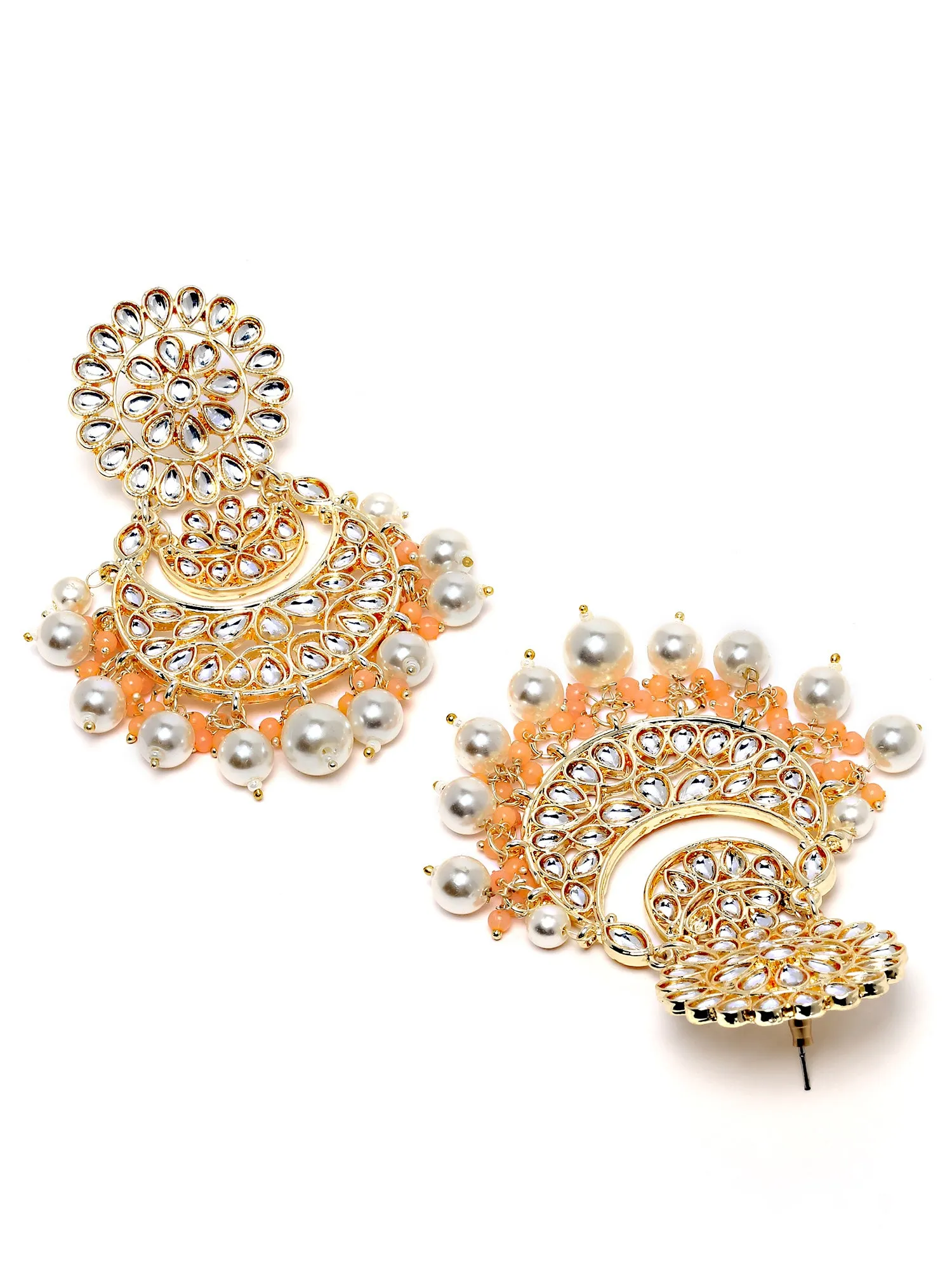 Karatcart Gold Plated Peach and Pearl Beads Studded Kundan Dangler Earrings for Women