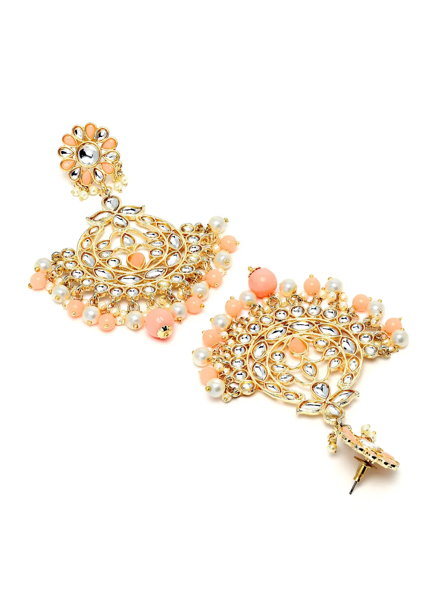 Karatcart Gold Plated Peach Beads and Pearl Studded Kundan Dangler Earrings for Women