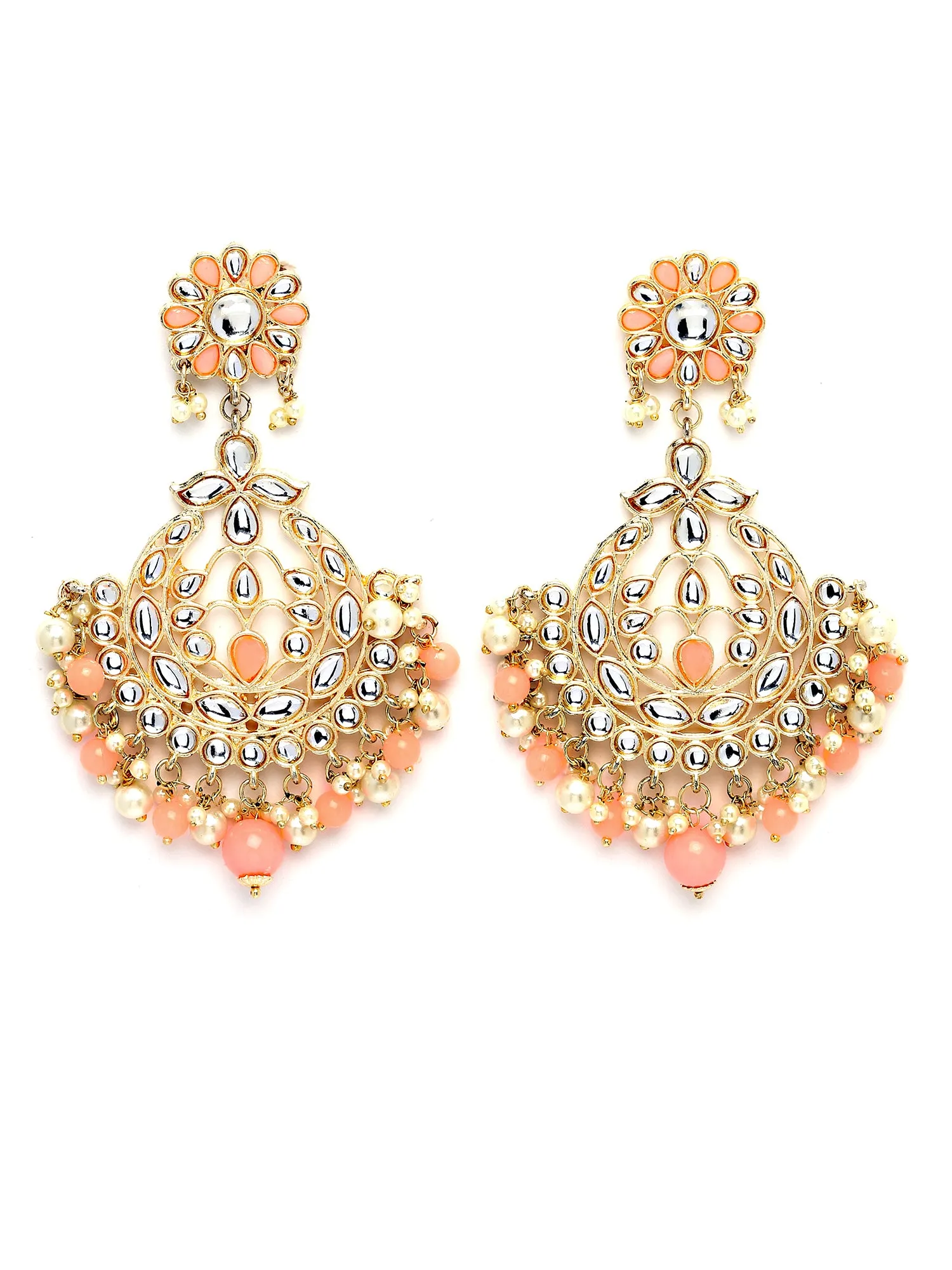 Karatcart Gold Plated Peach Beads and Pearl Studded Kundan Dangler Earrings for Women