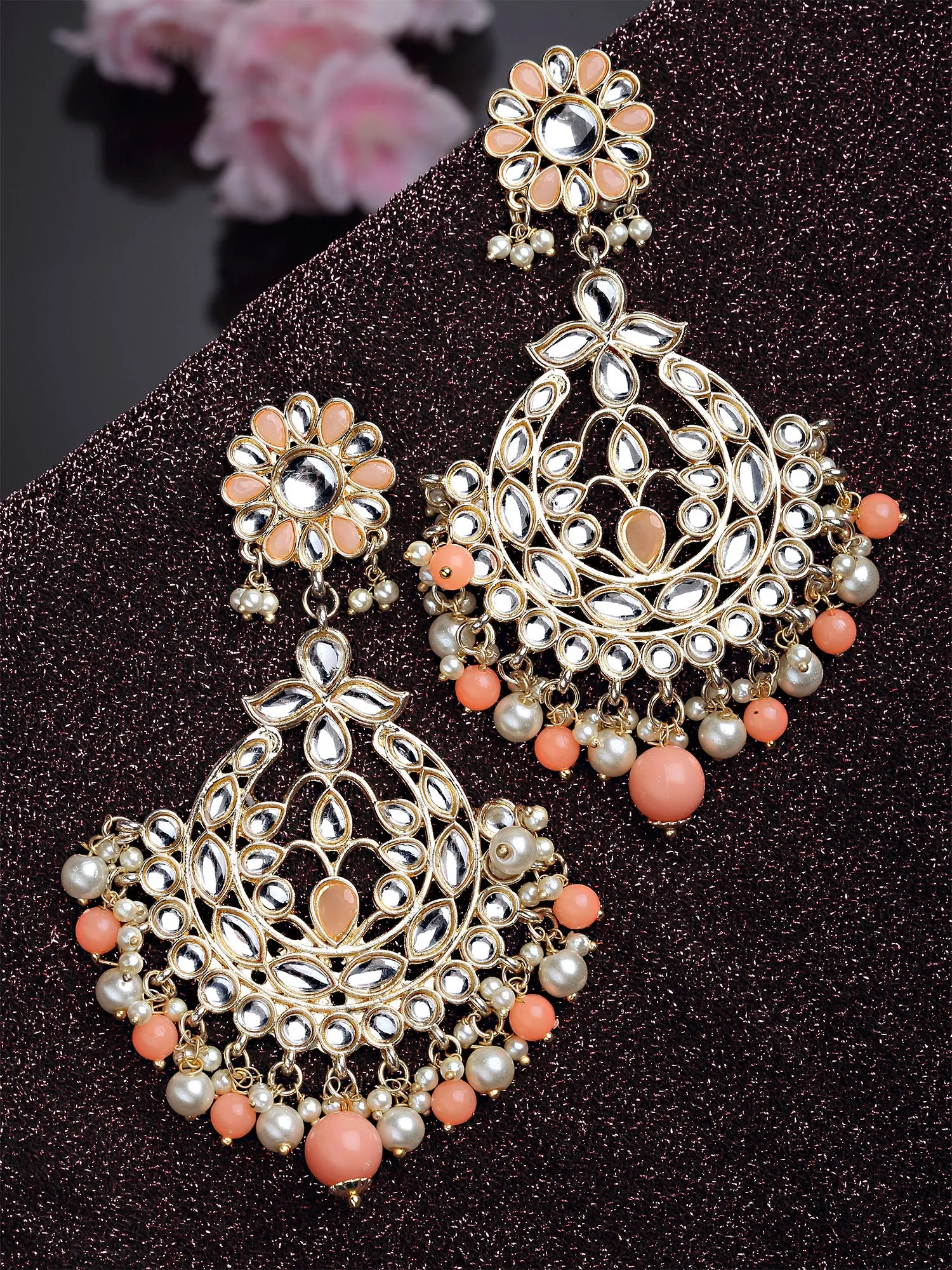 Karatcart Gold Plated Peach Beads and Pearl Studded Kundan Dangler Earrings for Women