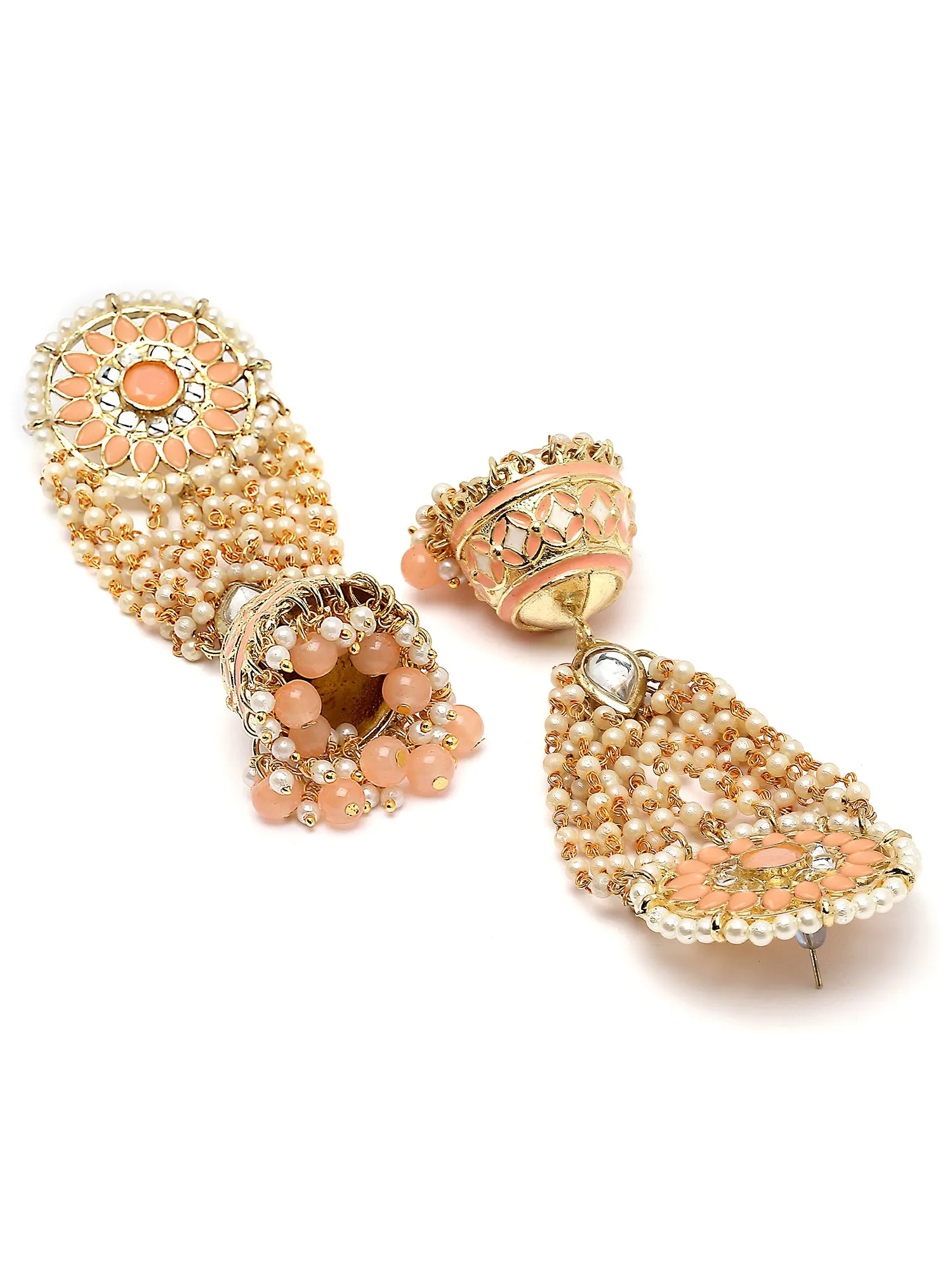 Karatcart Gold Plated Peach Beads Floral Kundan Jhumki Drop Earring for Women