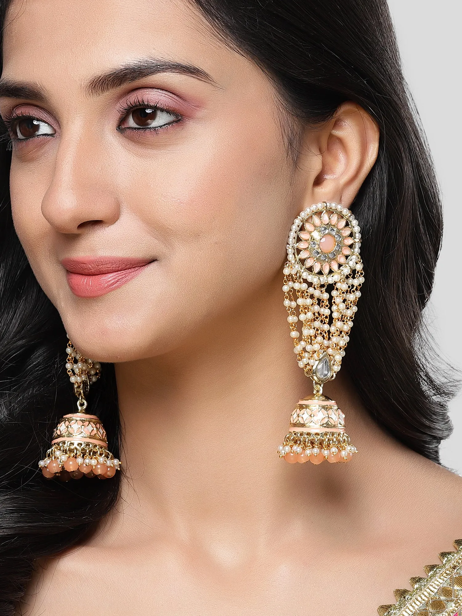 Karatcart Gold Plated Peach Beads Floral Kundan Jhumki Drop Earring for Women