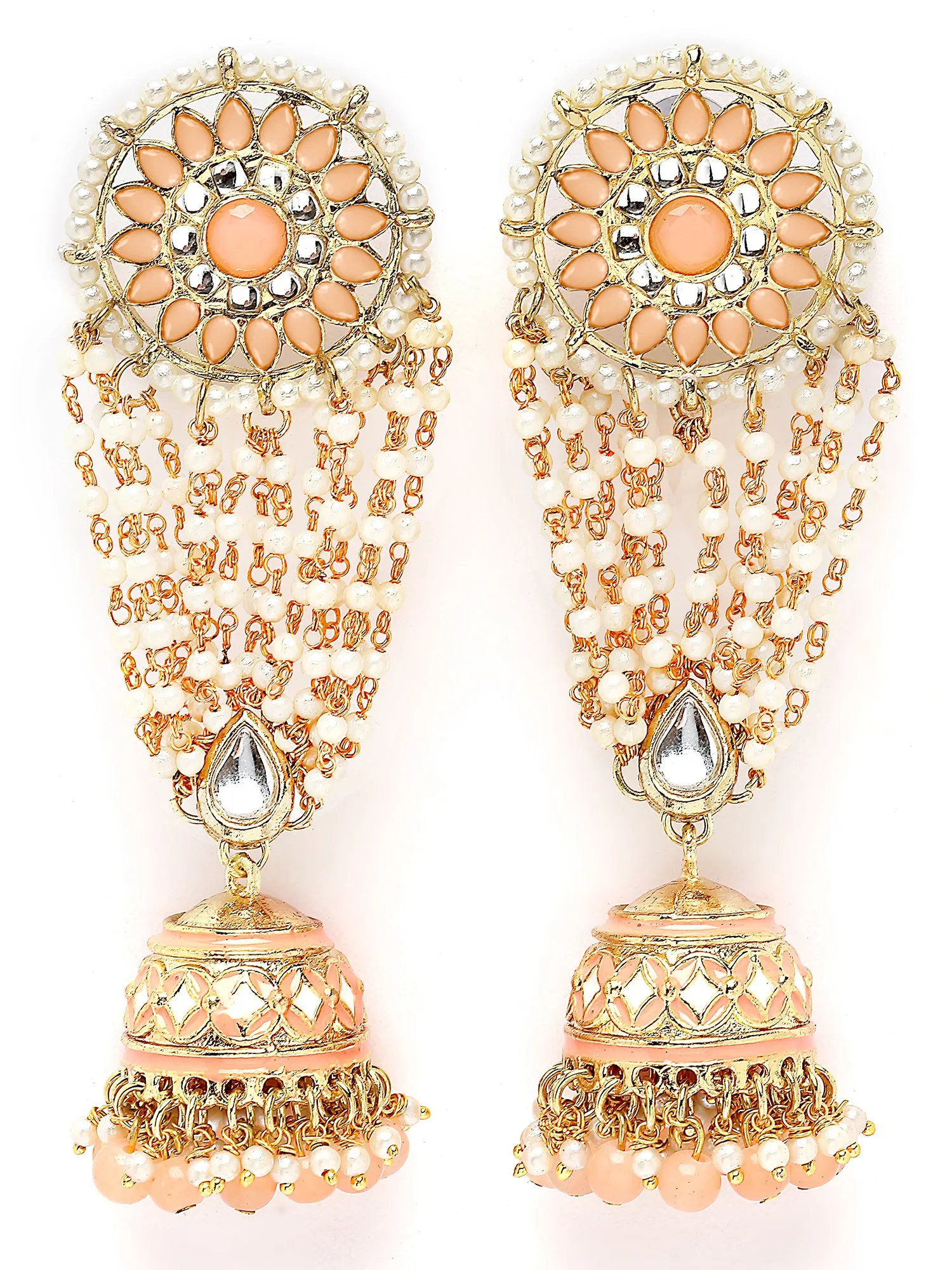 Karatcart Gold Plated Peach Beads Floral Kundan Jhumki Drop Earring for Women