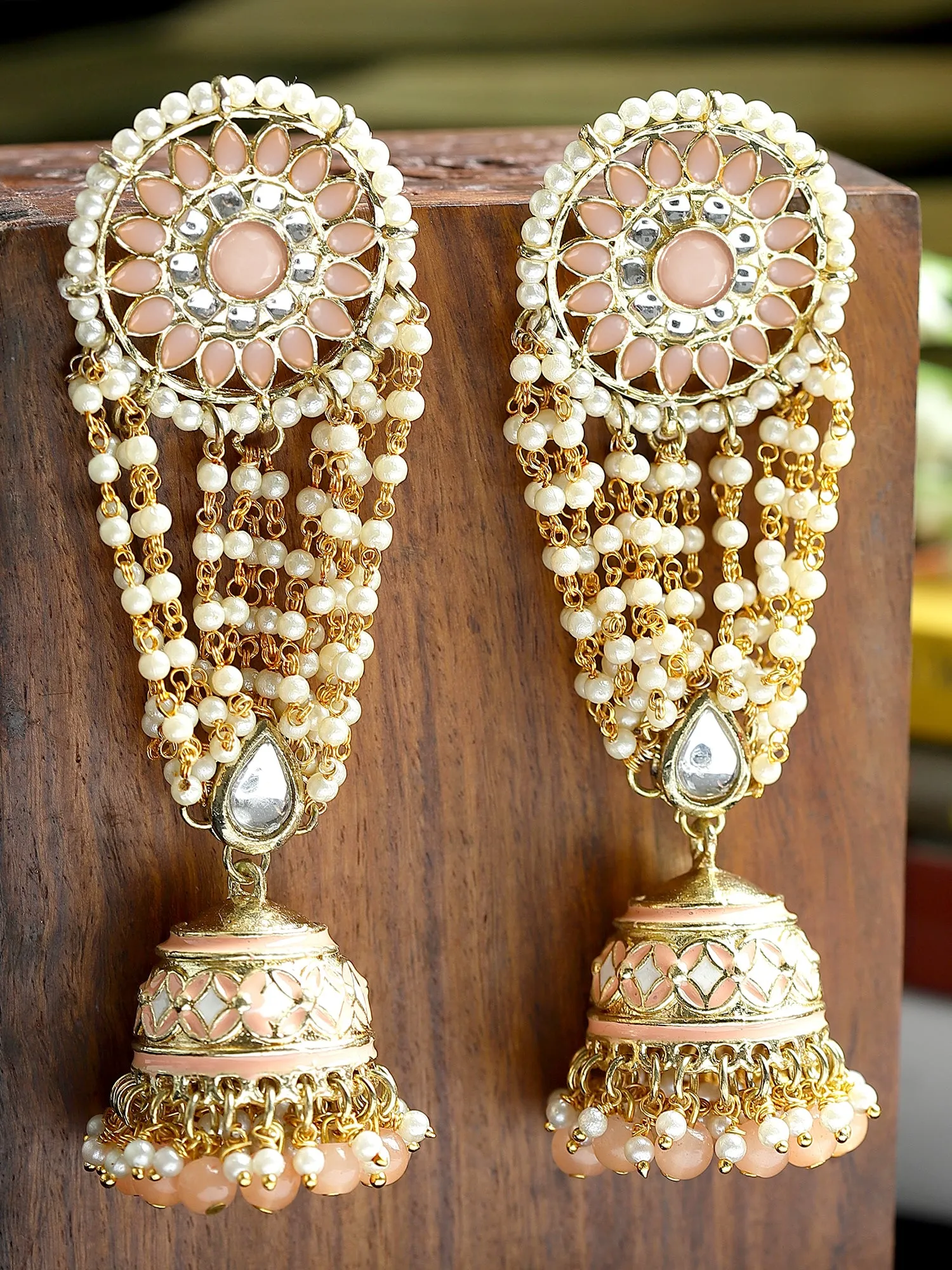 Karatcart Gold Plated Peach Beads Floral Kundan Jhumki Drop Earring for Women