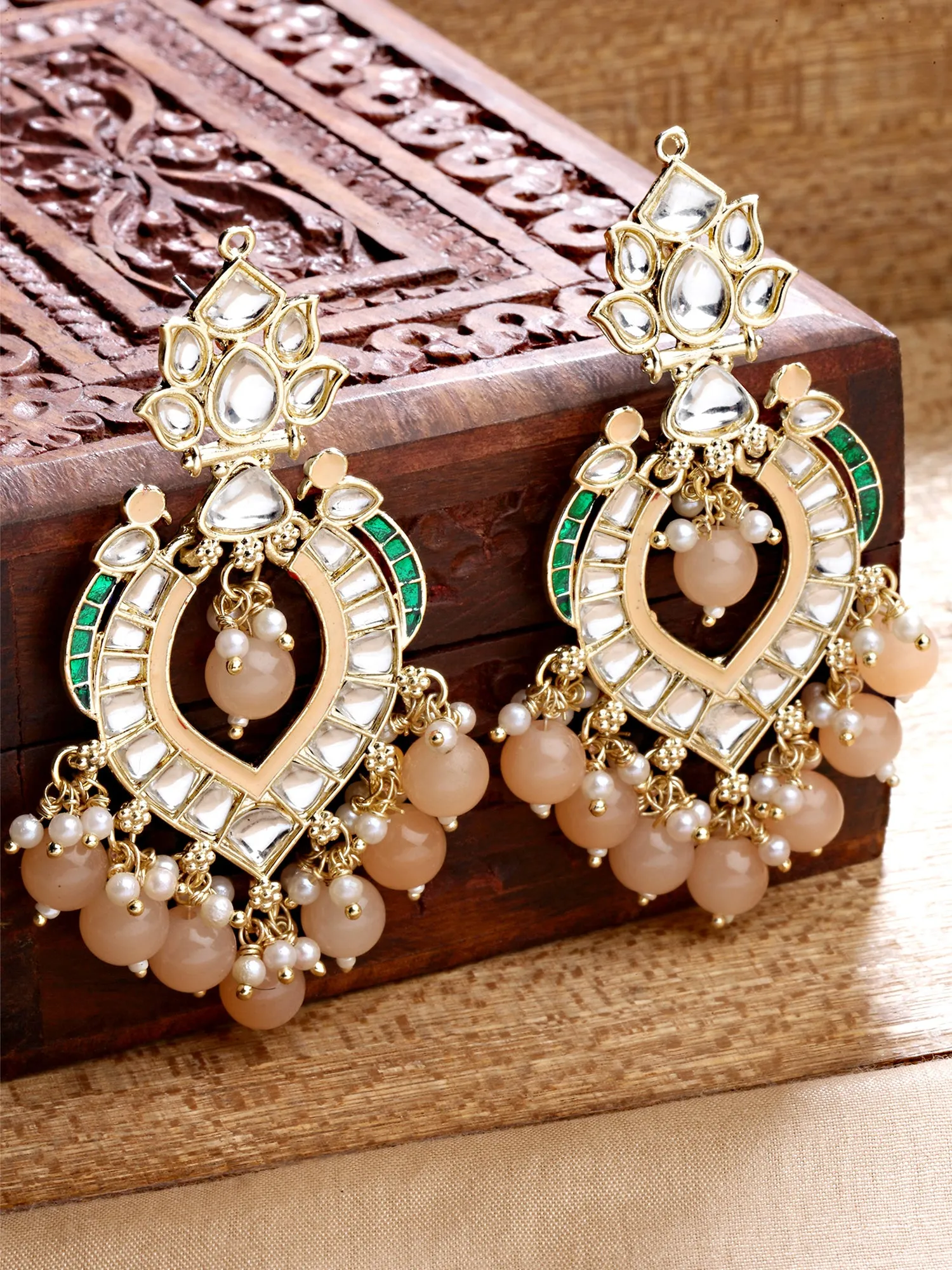 Karatcart Gold Plated Peach Beads Kundan Studded Dangler Earrings for Women