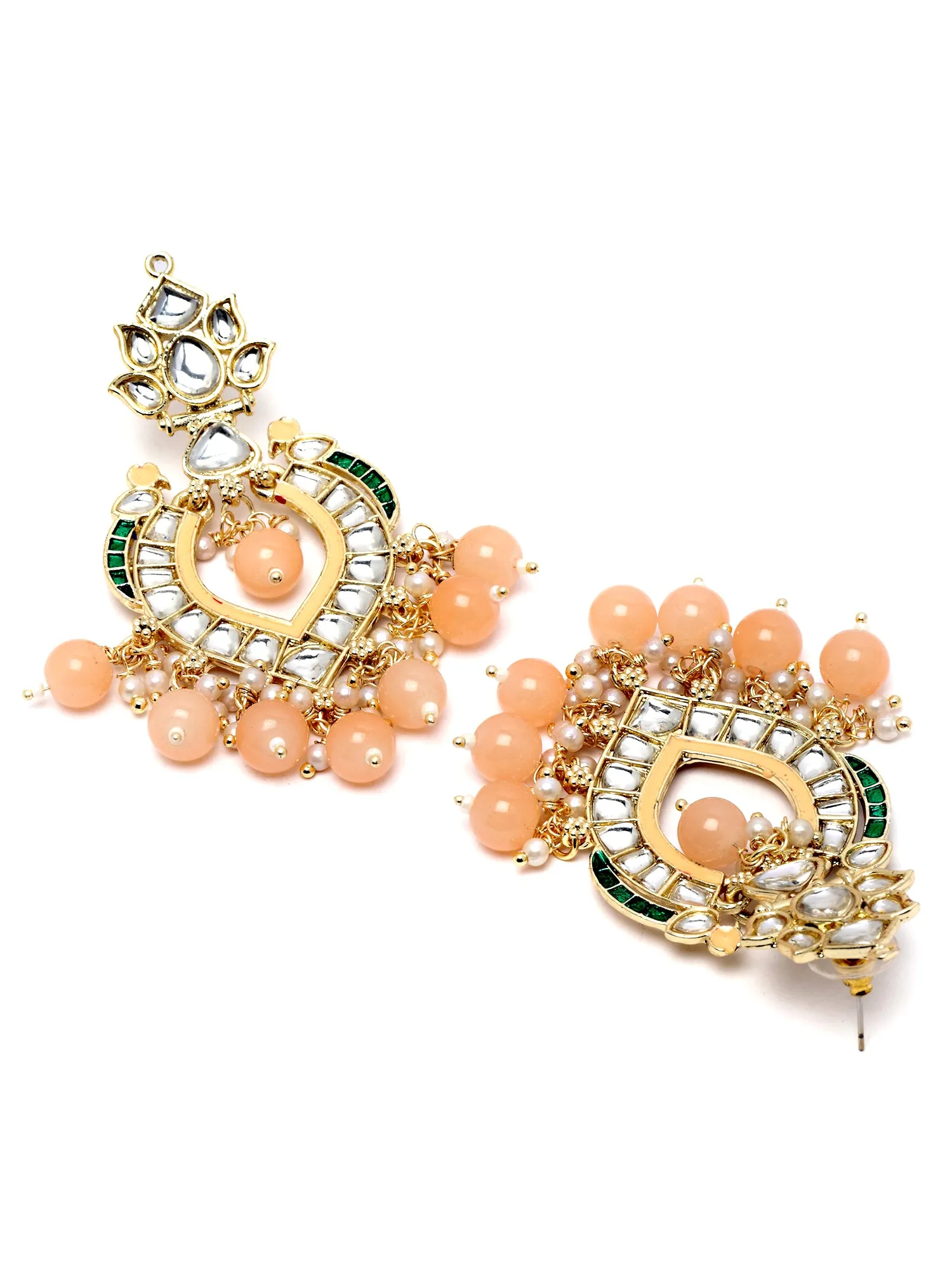 Karatcart Gold Plated Peach Beads Kundan Studded Dangler Earrings for Women