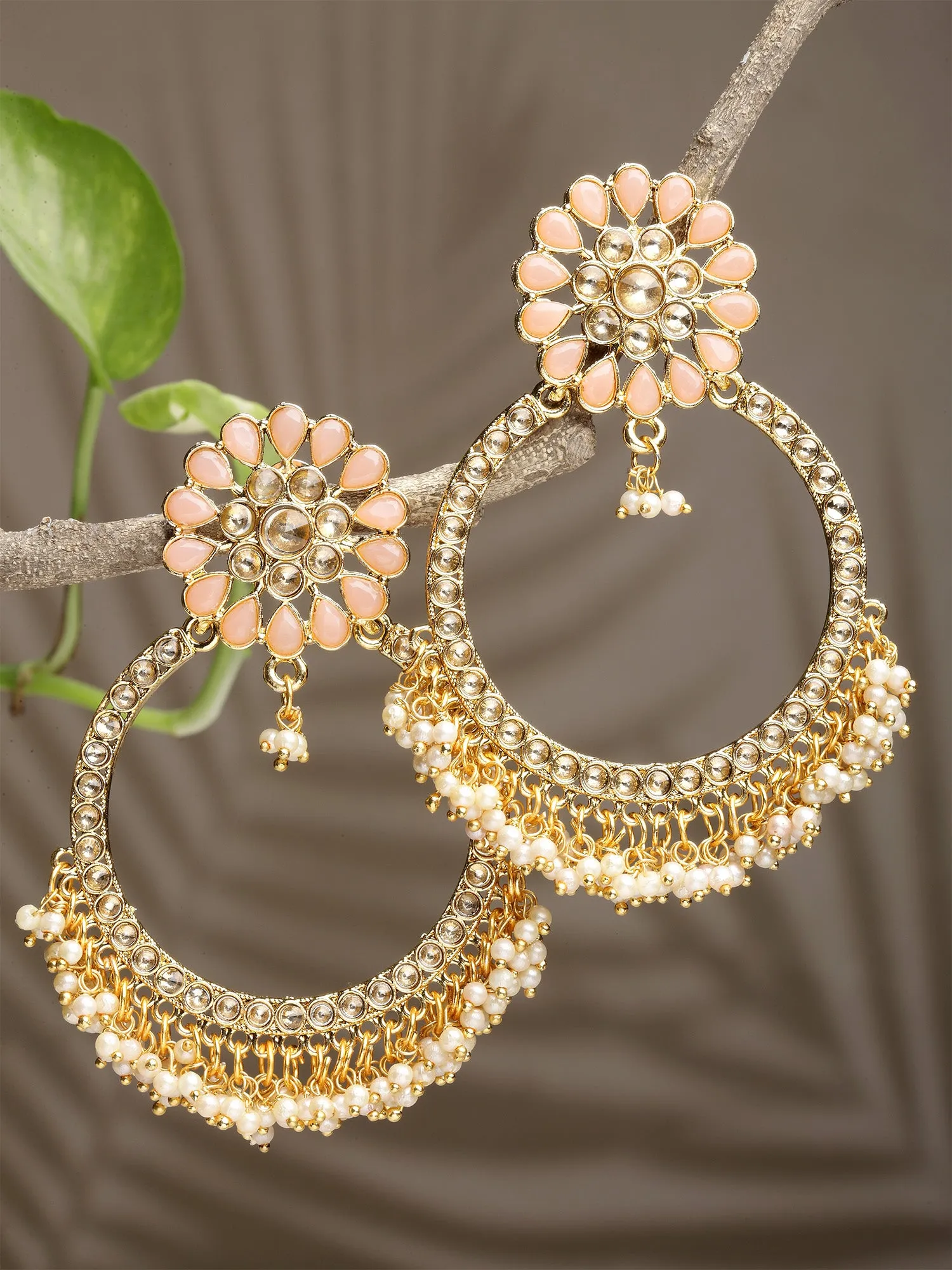 Karatcart Gold Plated Peach Kundan Studded Hoop Earrings for Women