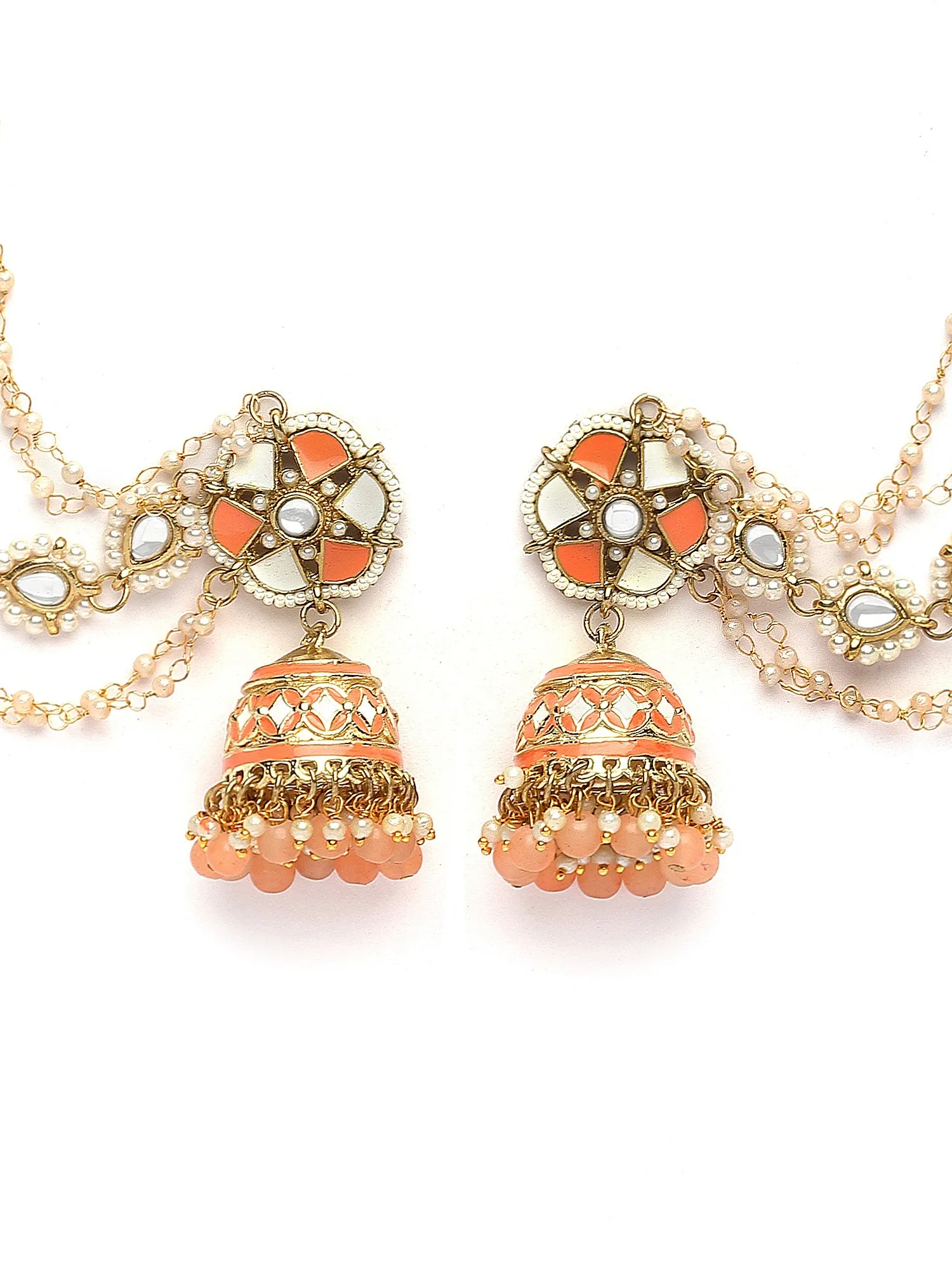 Karatcart Gold Plated Peach Meena and Beads Floral Kundan Kaanchain Jhumki Earring for Women