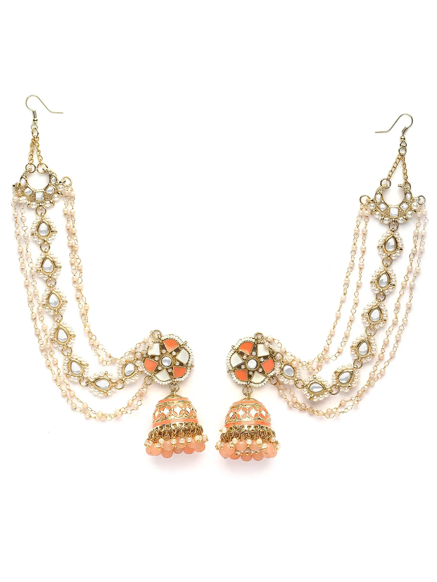 Karatcart Gold Plated Peach Meena and Beads Floral Kundan Kaanchain Jhumki Earring for Women