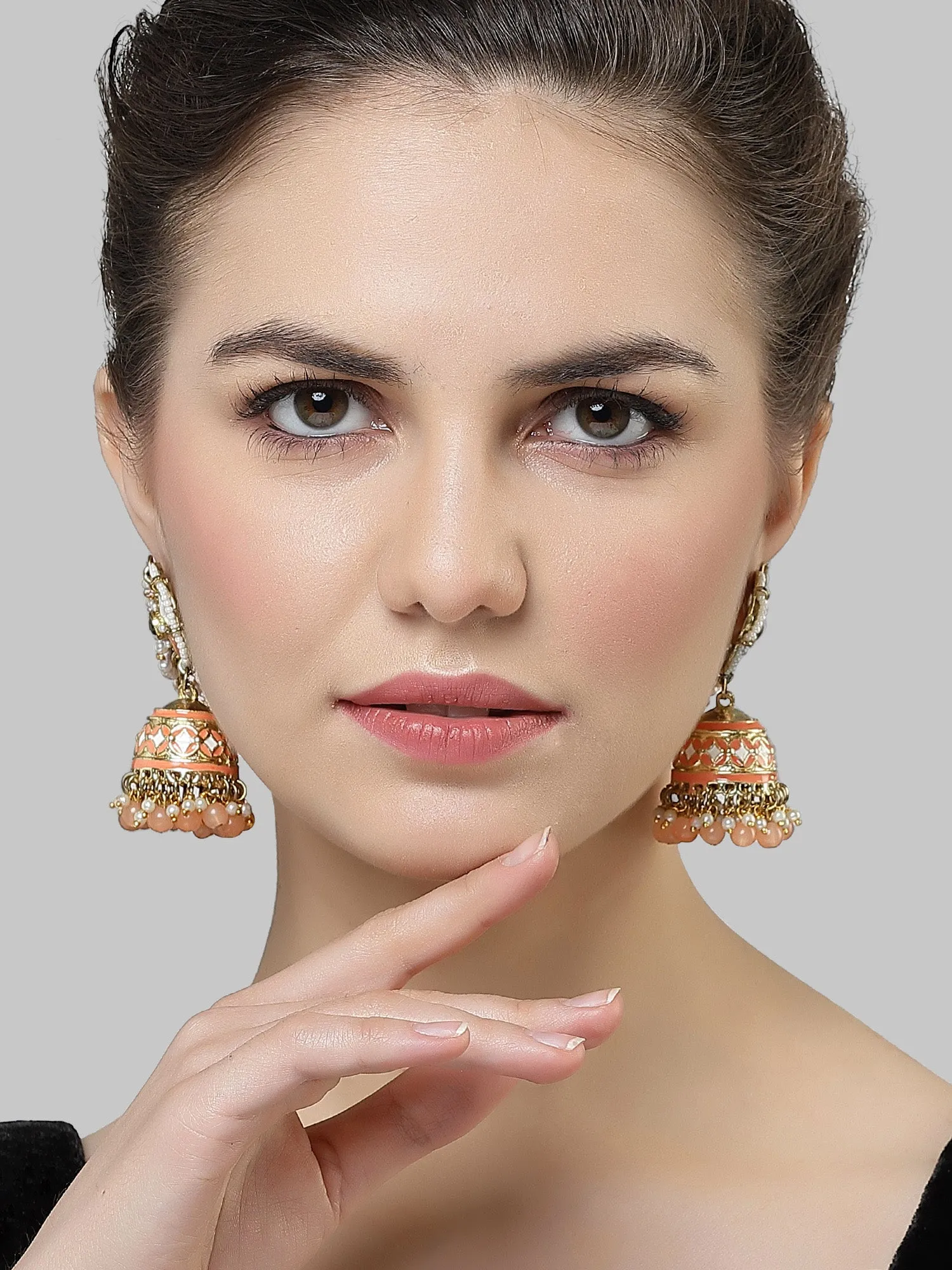Karatcart Gold Plated Peach Meena and Beads Floral Kundan Kaanchain Jhumki Earring for Women