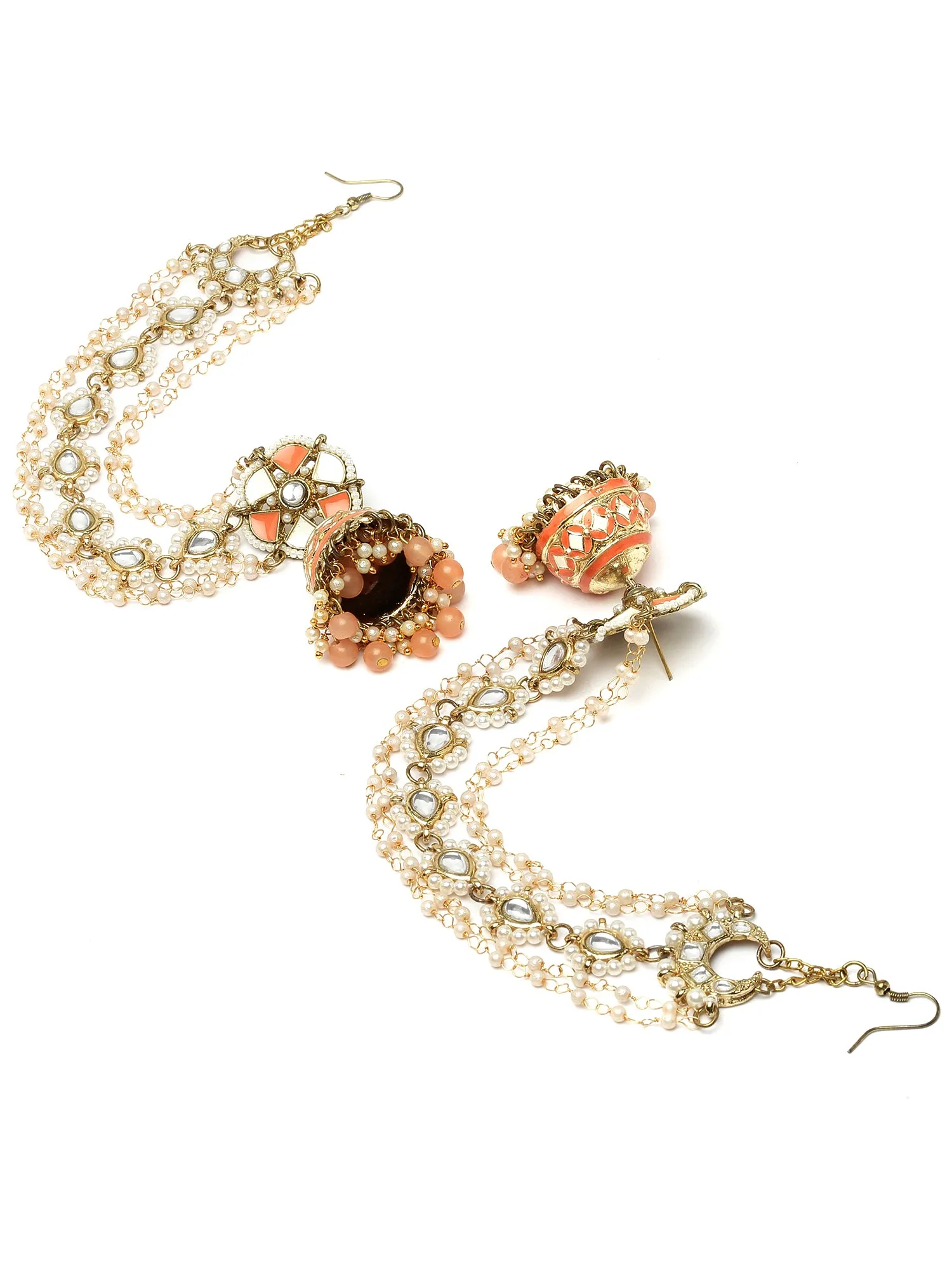 Karatcart Gold Plated Peach Meena and Beads Floral Kundan Kaanchain Jhumki Earring for Women