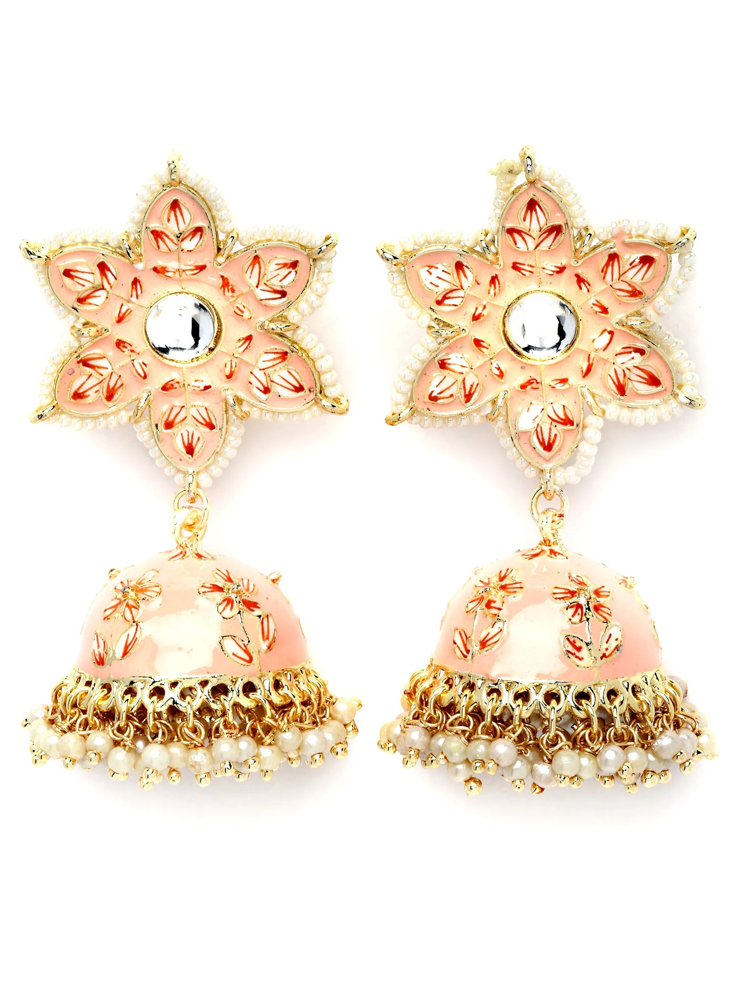 Karatcart Gold Plated Peach Meena Floral Shape Kundan Jhumki Earrings for Women