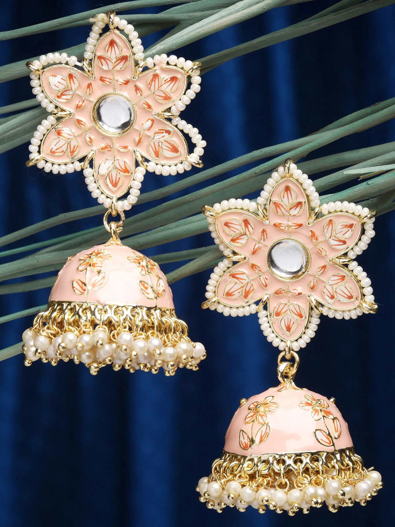 Karatcart Gold Plated Peach Meena Floral Shape Kundan Jhumki Earrings for Women