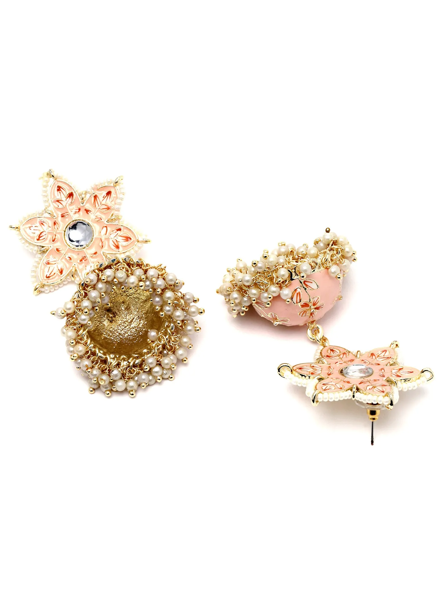Karatcart Gold Plated Peach Meena Floral Shape Kundan Jhumki Earrings for Women