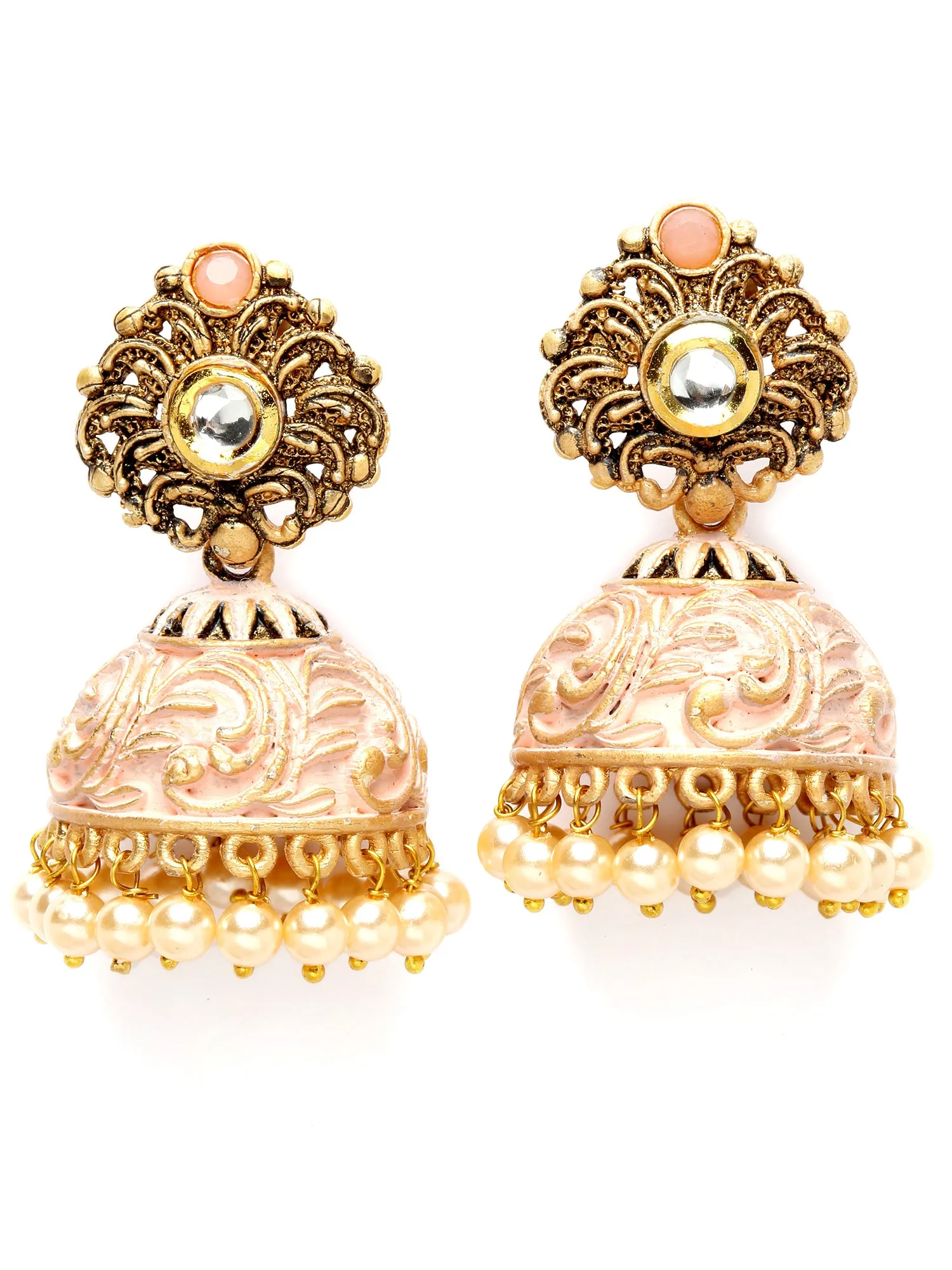 Karatcart Gold Plated Peach Meena Golden Pearl Jhumki Earrings for Women