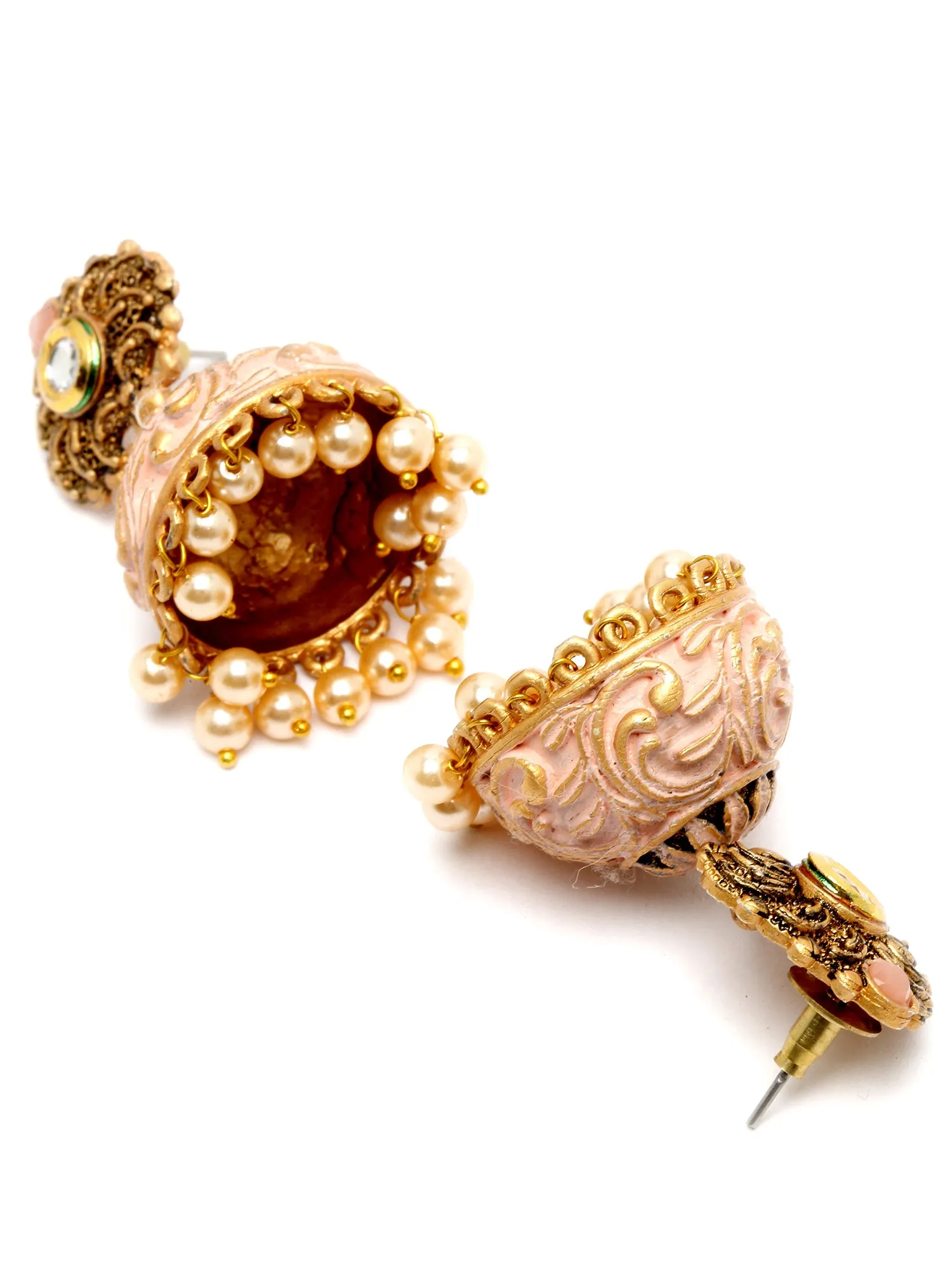 Karatcart Gold Plated Peach Meena Golden Pearl Jhumki Earrings for Women