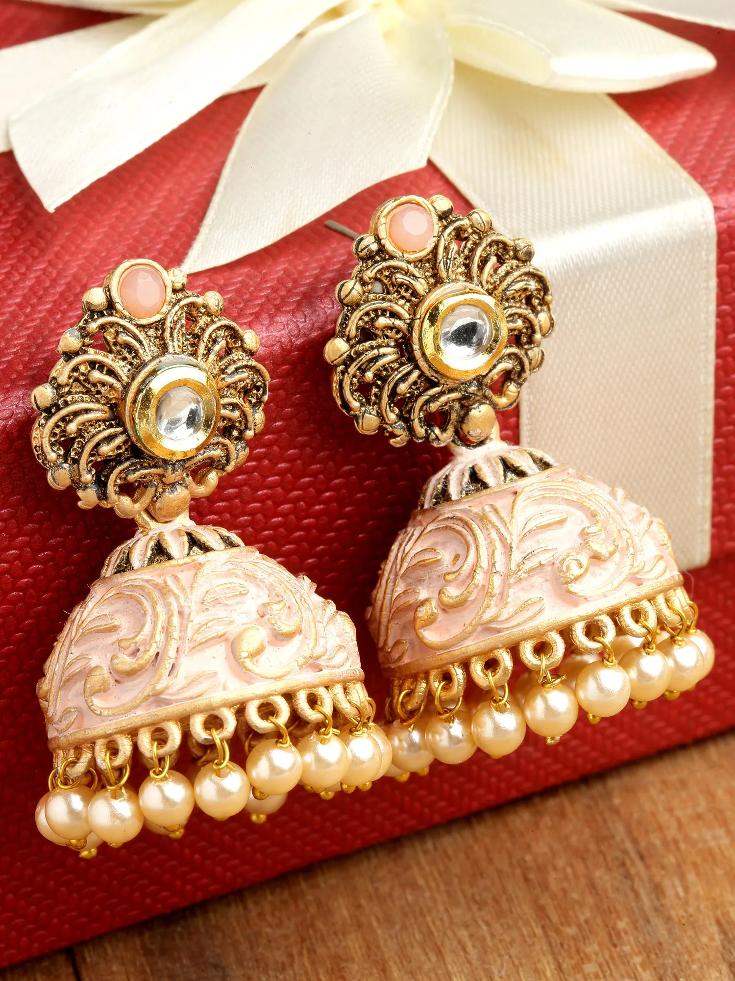 Karatcart Gold Plated Peach Meena Golden Pearl Jhumki Earrings for Women