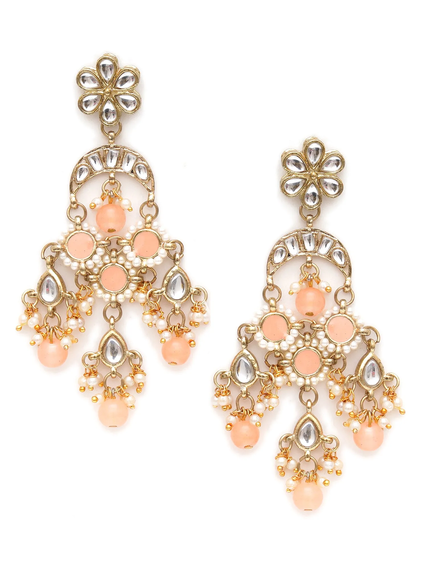 Karatcart Gold Plated Peach Meena Kundan Dangler Earrings for Women