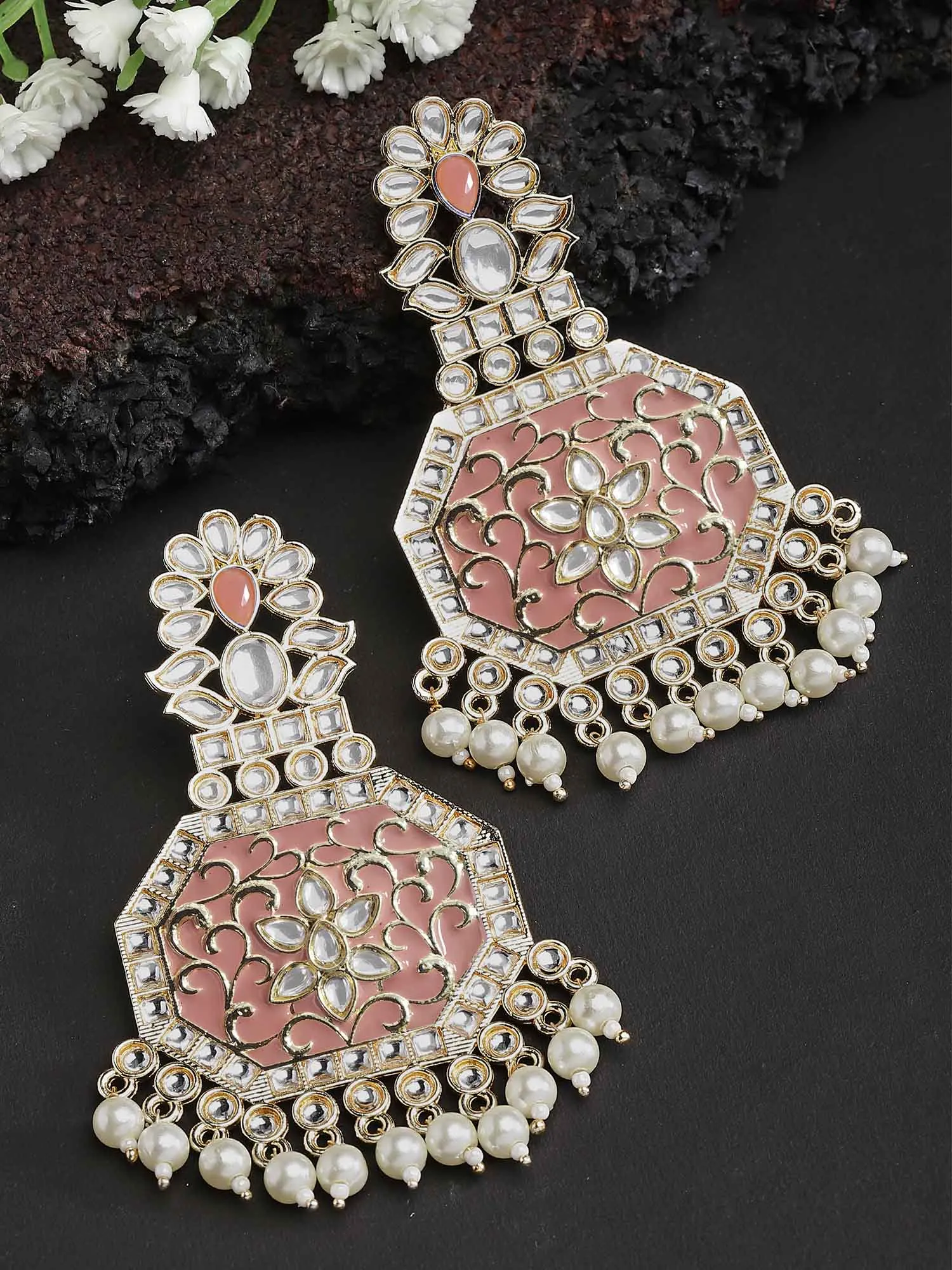 Karatcart Gold Plated Peach Meena Kundan Dangler Earrings for Women