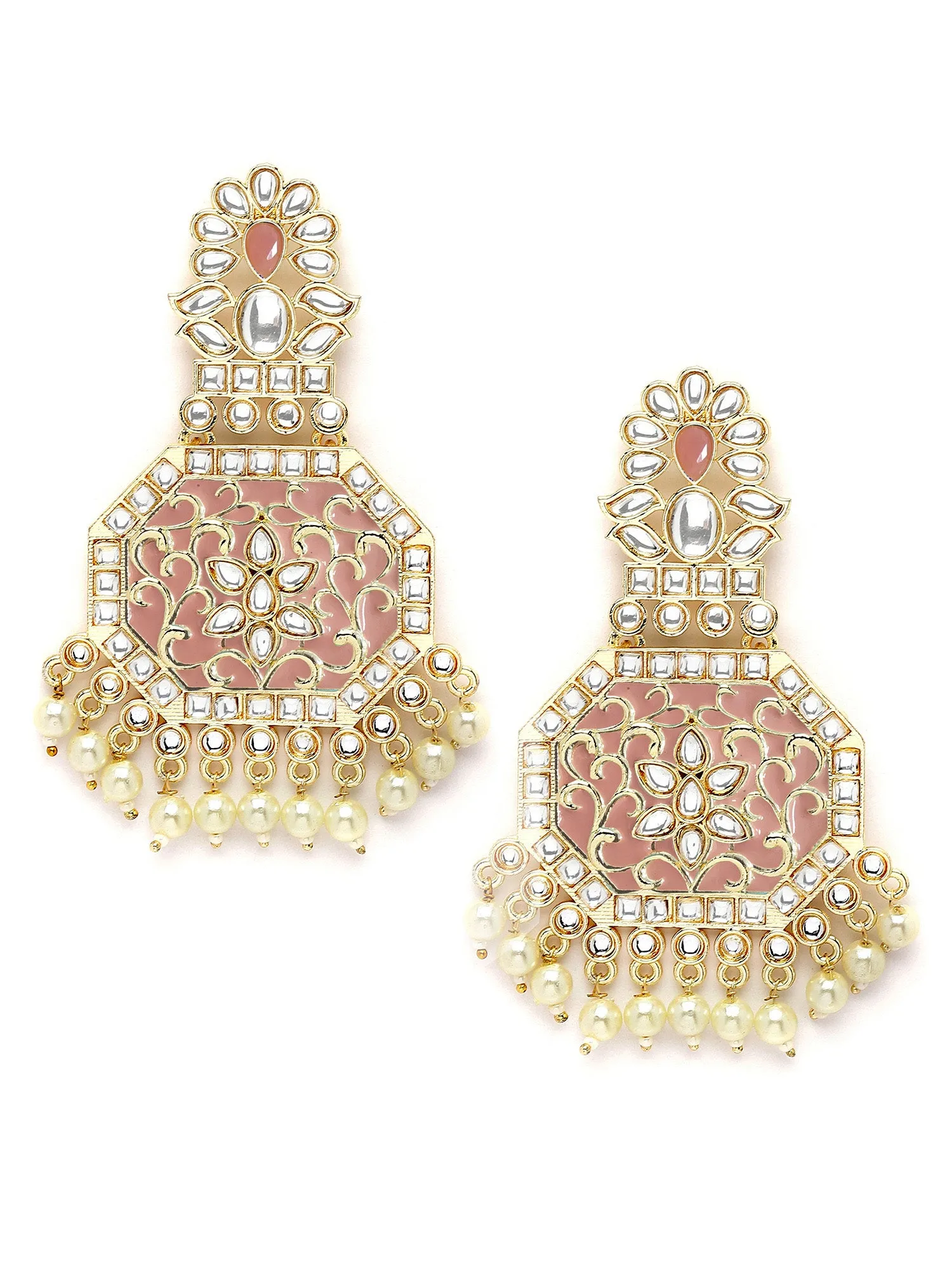 Karatcart Gold Plated Peach Meena Kundan Dangler Earrings for Women