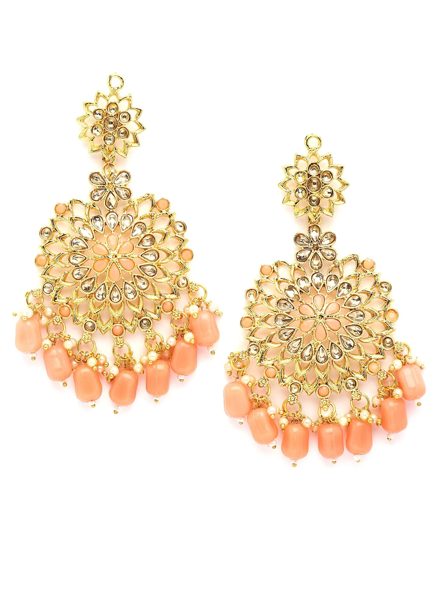 Karatcart Gold Plated Peach Tumble and Kundan Studded Dangler Earrings for Women
