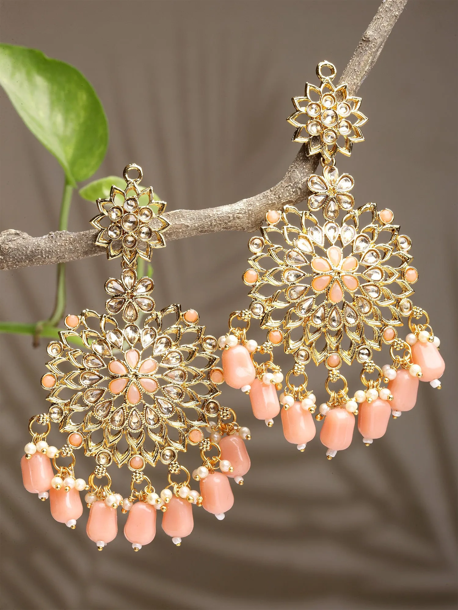 Karatcart Gold Plated Peach Tumble and Kundan Studded Dangler Earrings for Women