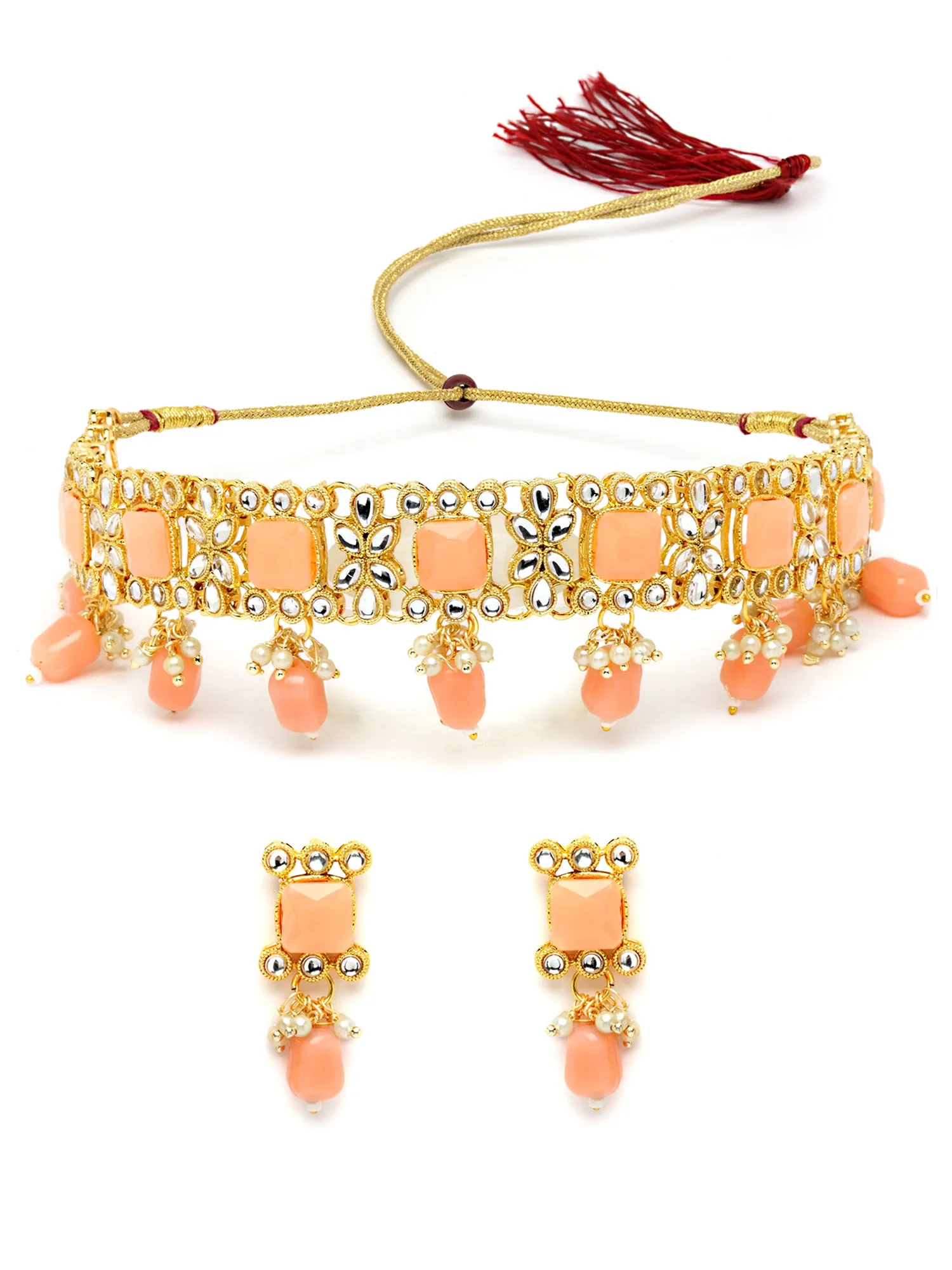 Karatcart Gold Plated Peach Tumble Kundan Necklace Set