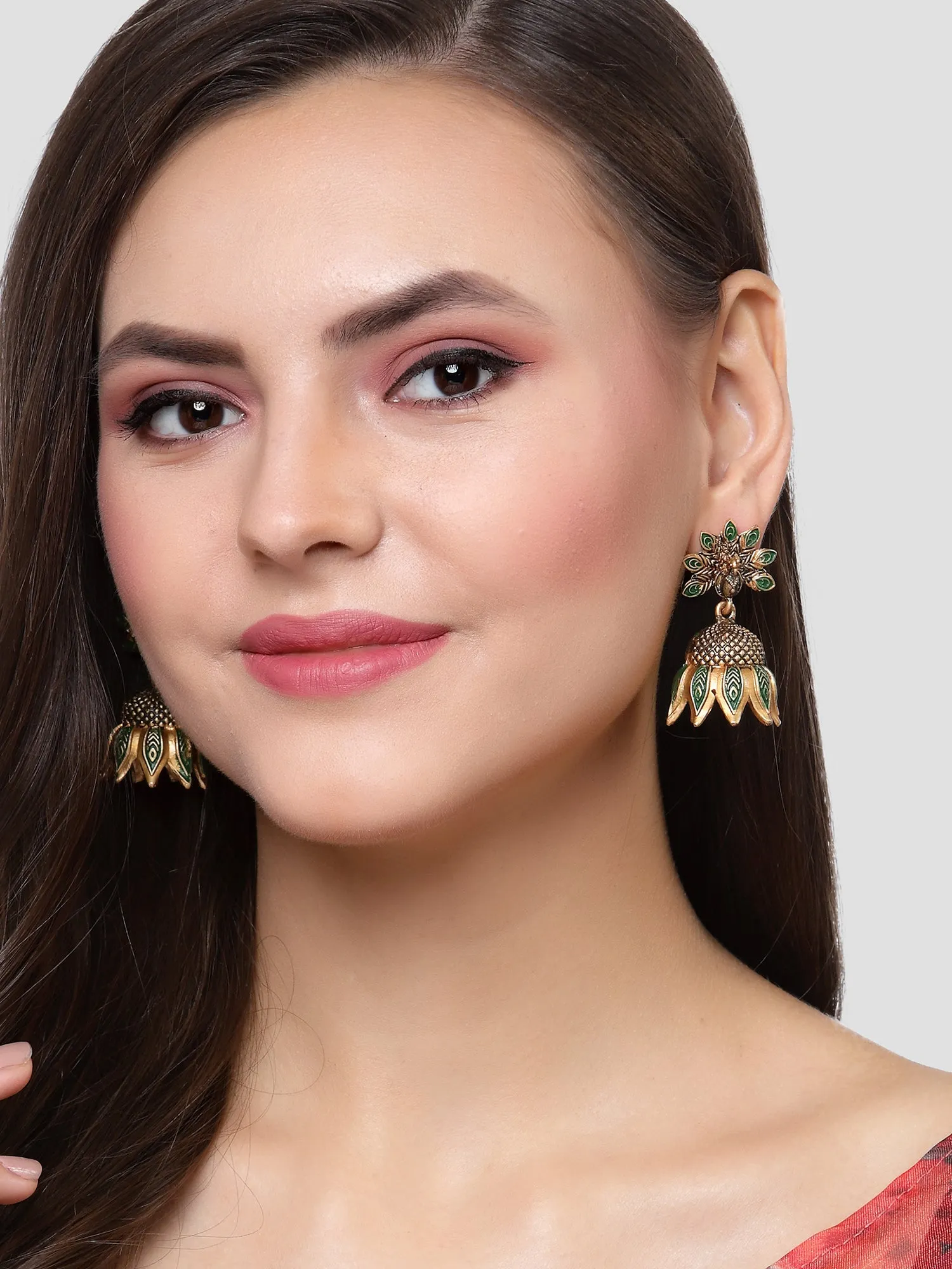 Karatcart Gold Plated Peacock Design Green Jhumki Earrings for Women
