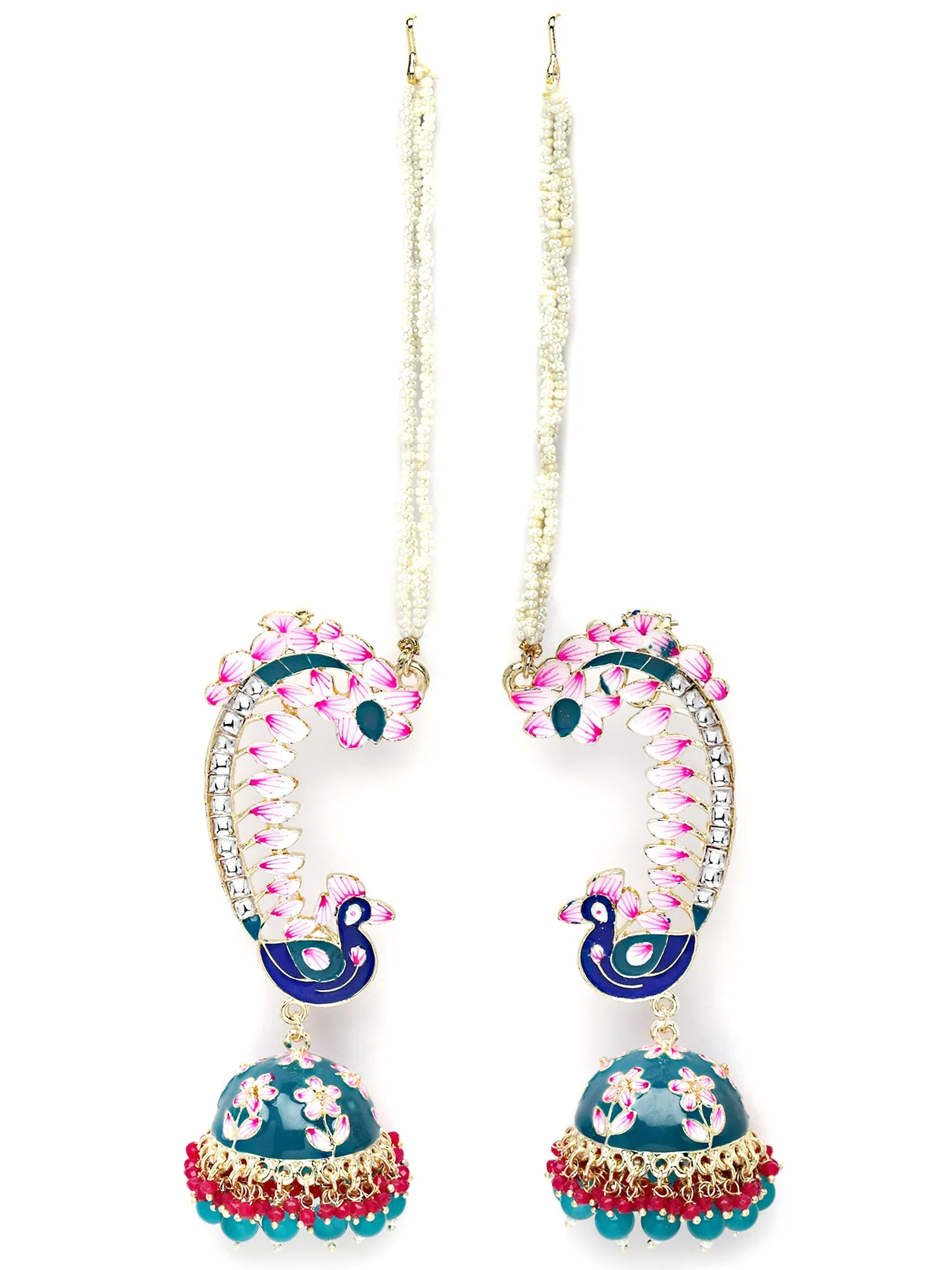 Karatcart Gold Plated Peacock Design Green Meena Kaanchain Jhumki Earrings for Women
