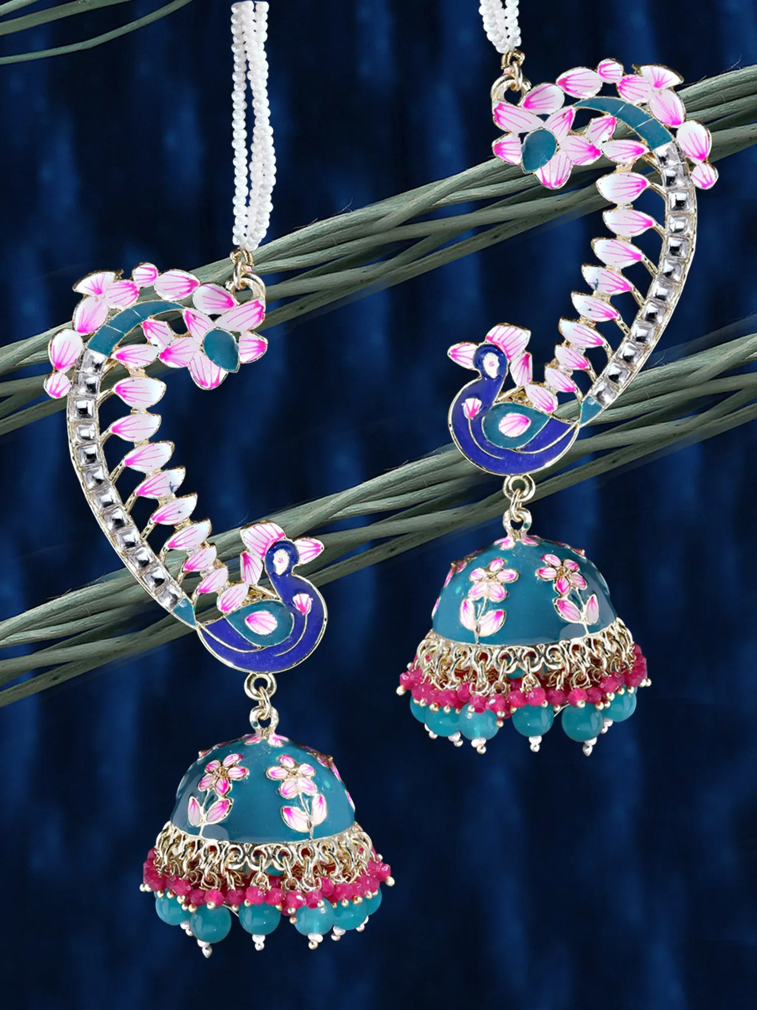 Karatcart Gold Plated Peacock Design Green Meena Kaanchain Jhumki Earrings for Women