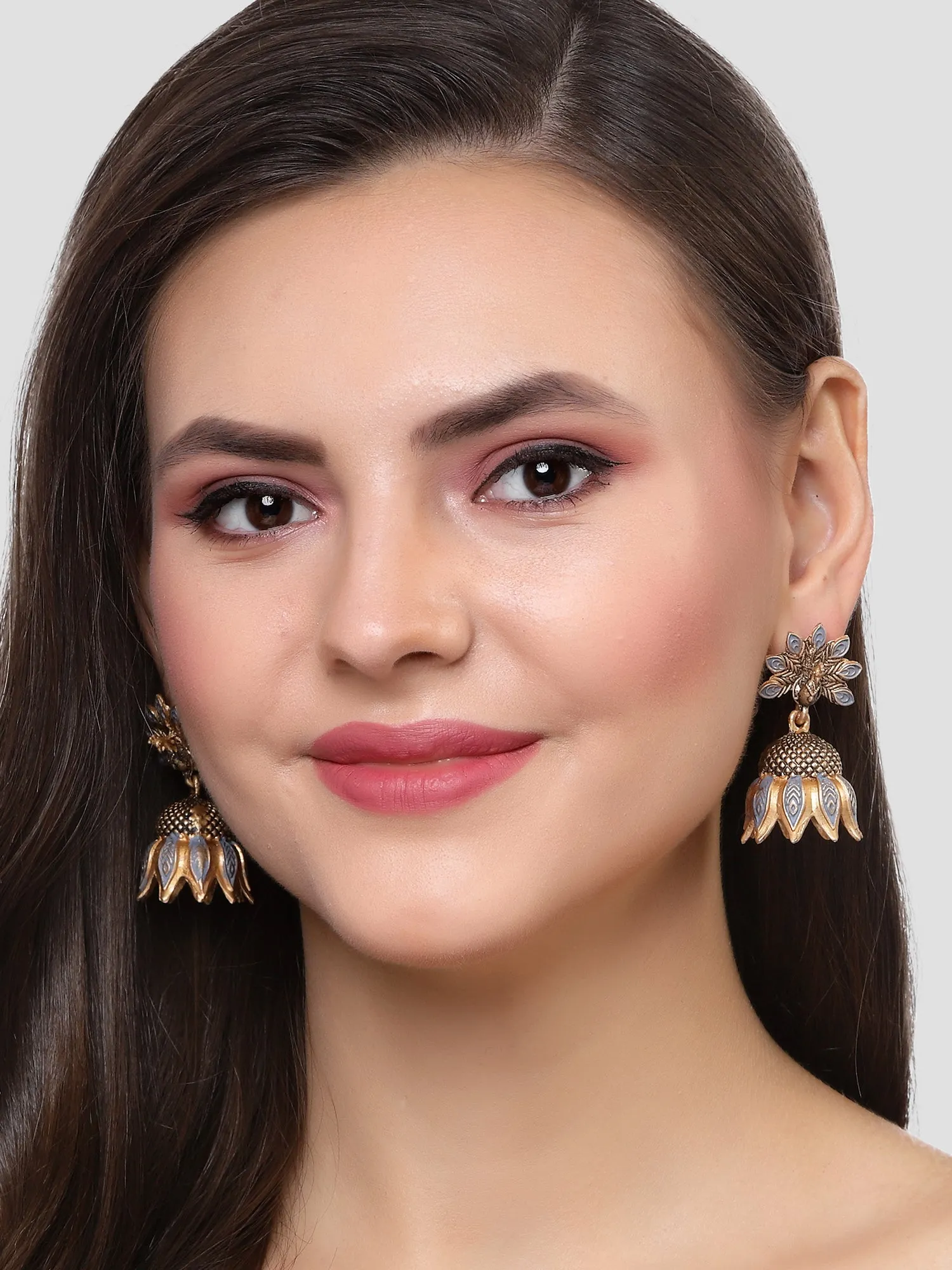 Karatcart Gold Plated Peacock Design Grey Jhumki Earrings for Women