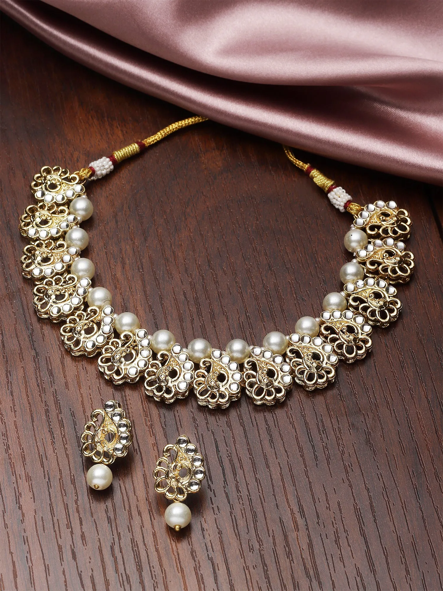 Karatcart Gold Plated Peacock Design Kundan and Pearl Choker Necklace Set for Women