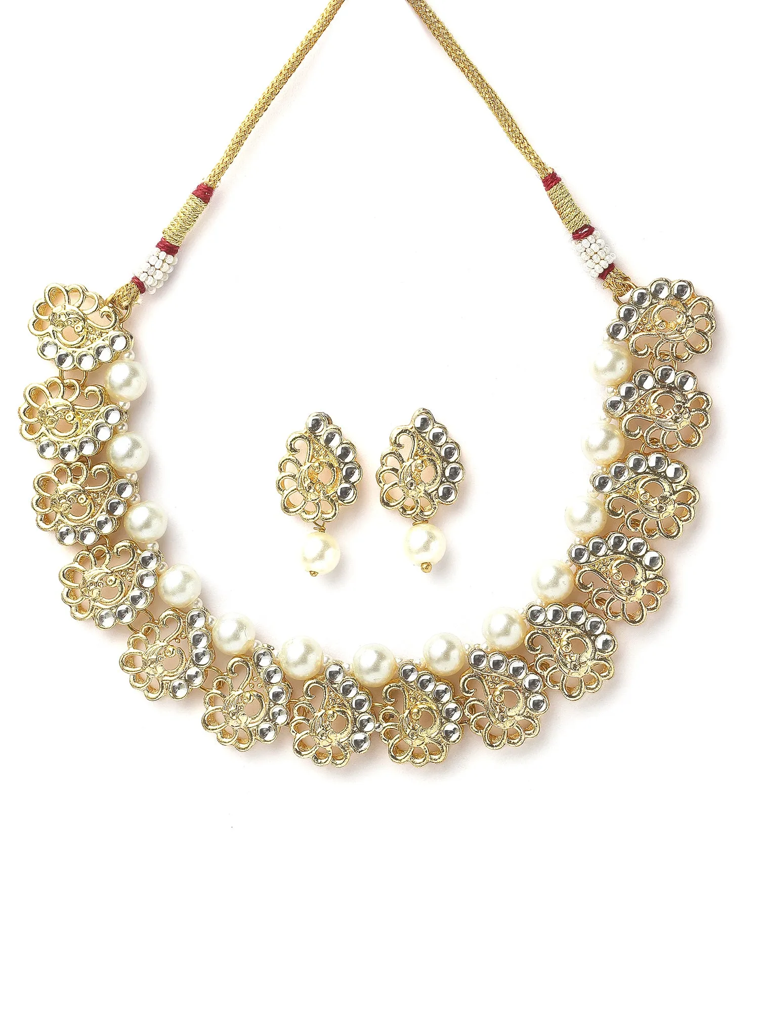 Karatcart Gold Plated Peacock Design Kundan and Pearl Choker Necklace Set for Women