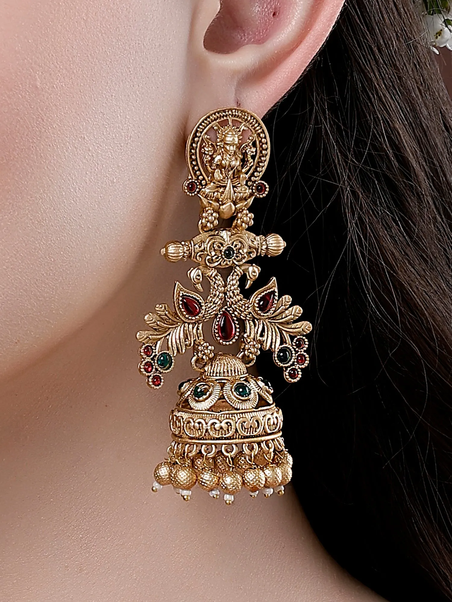 Karatcart Gold Plated Peacock Design Laxmi Mata Dangler Jhumki Earrings for Women
