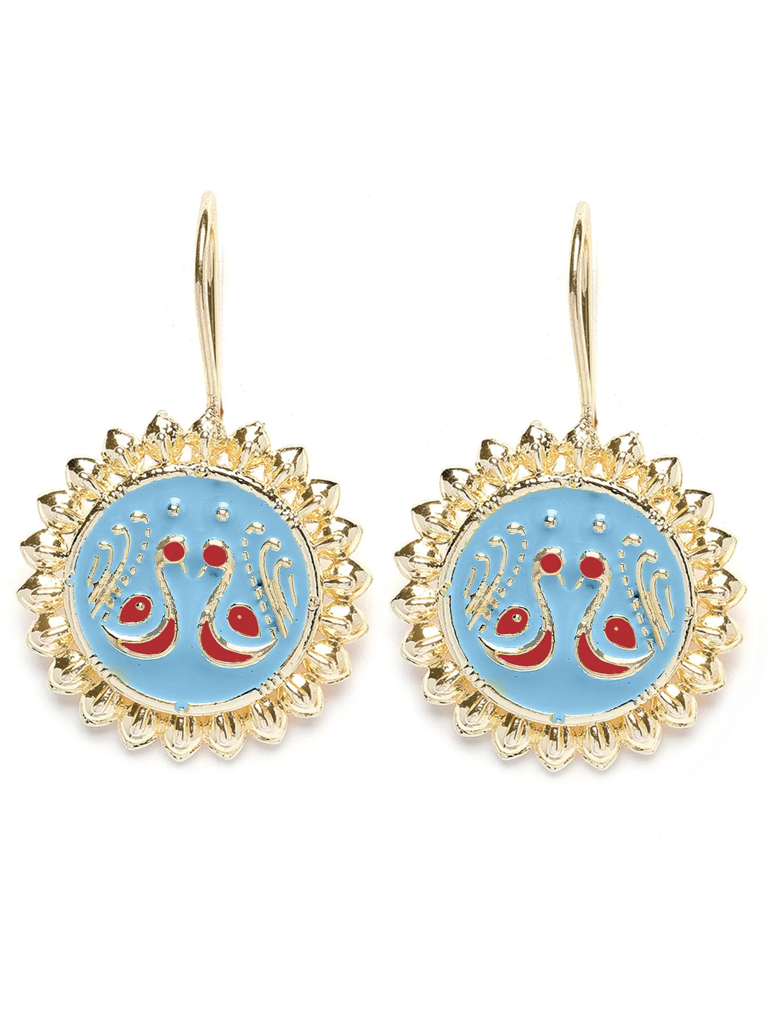 Karatcart Gold Plated Peacock Design Light Blue and Red Meena Drop Earrings for Women