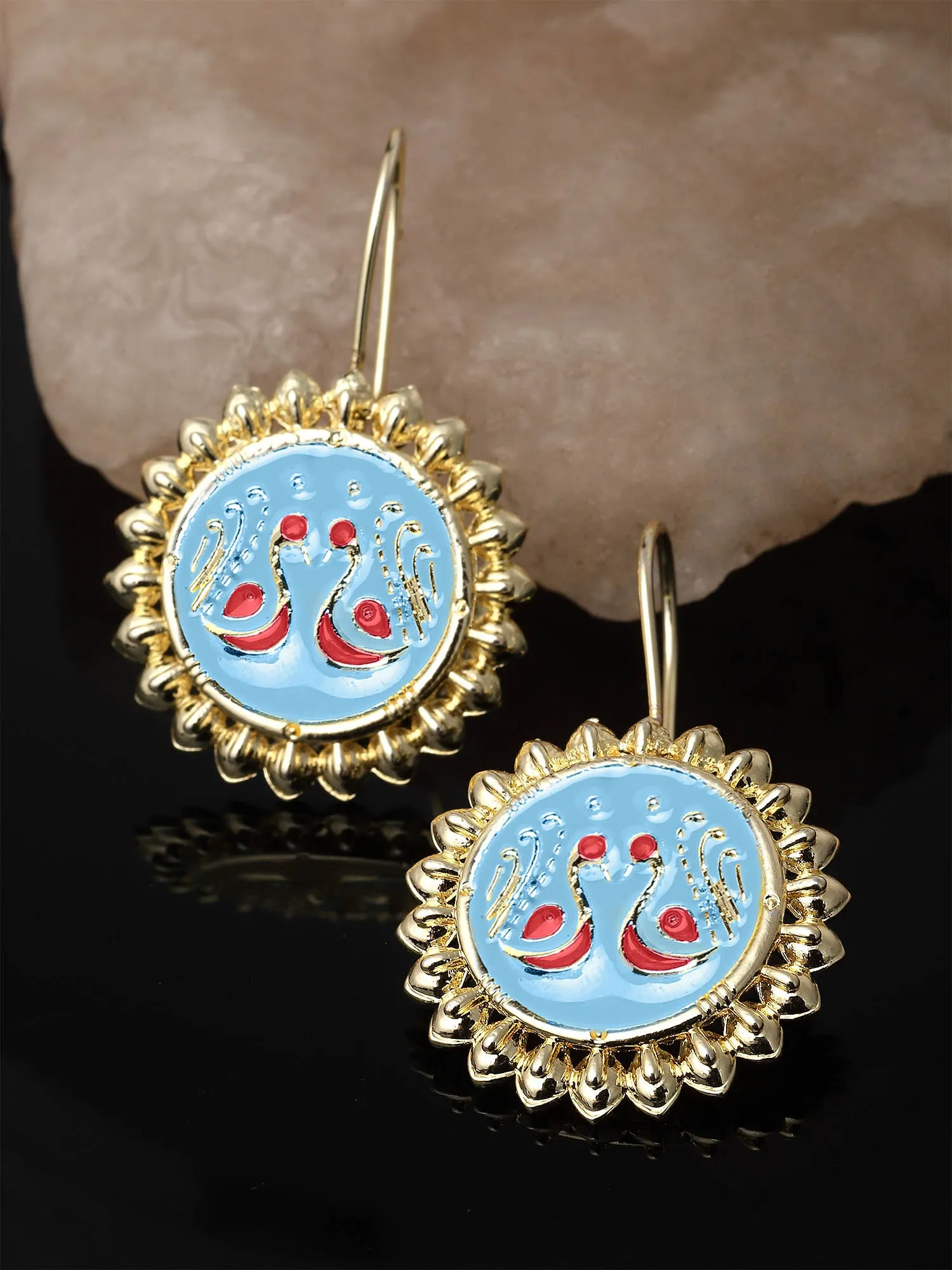Karatcart Gold Plated Peacock Design Light Blue and Red Meena Drop Earrings for Women