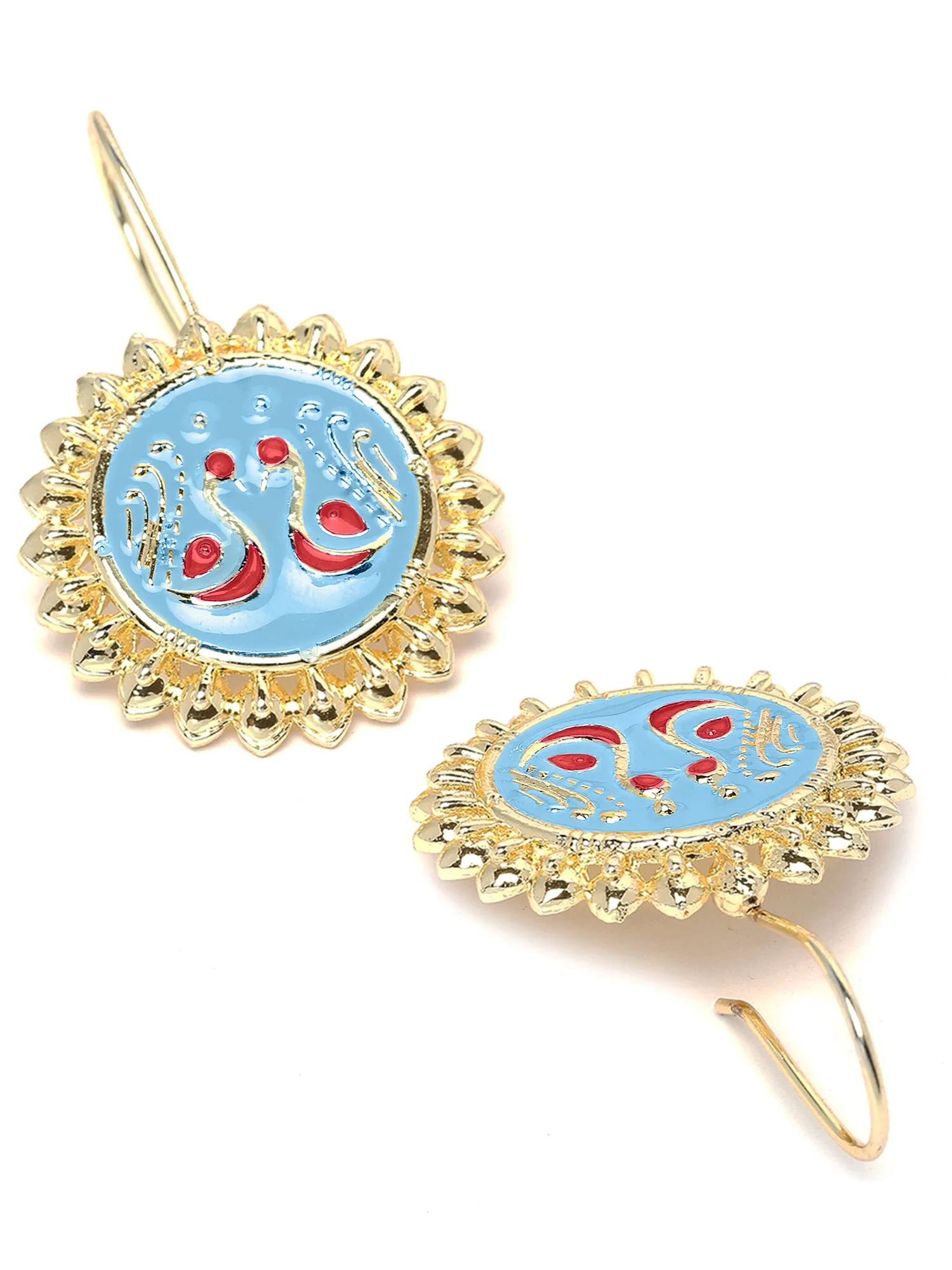 Karatcart Gold Plated Peacock Design Light Blue and Red Meena Drop Earrings for Women
