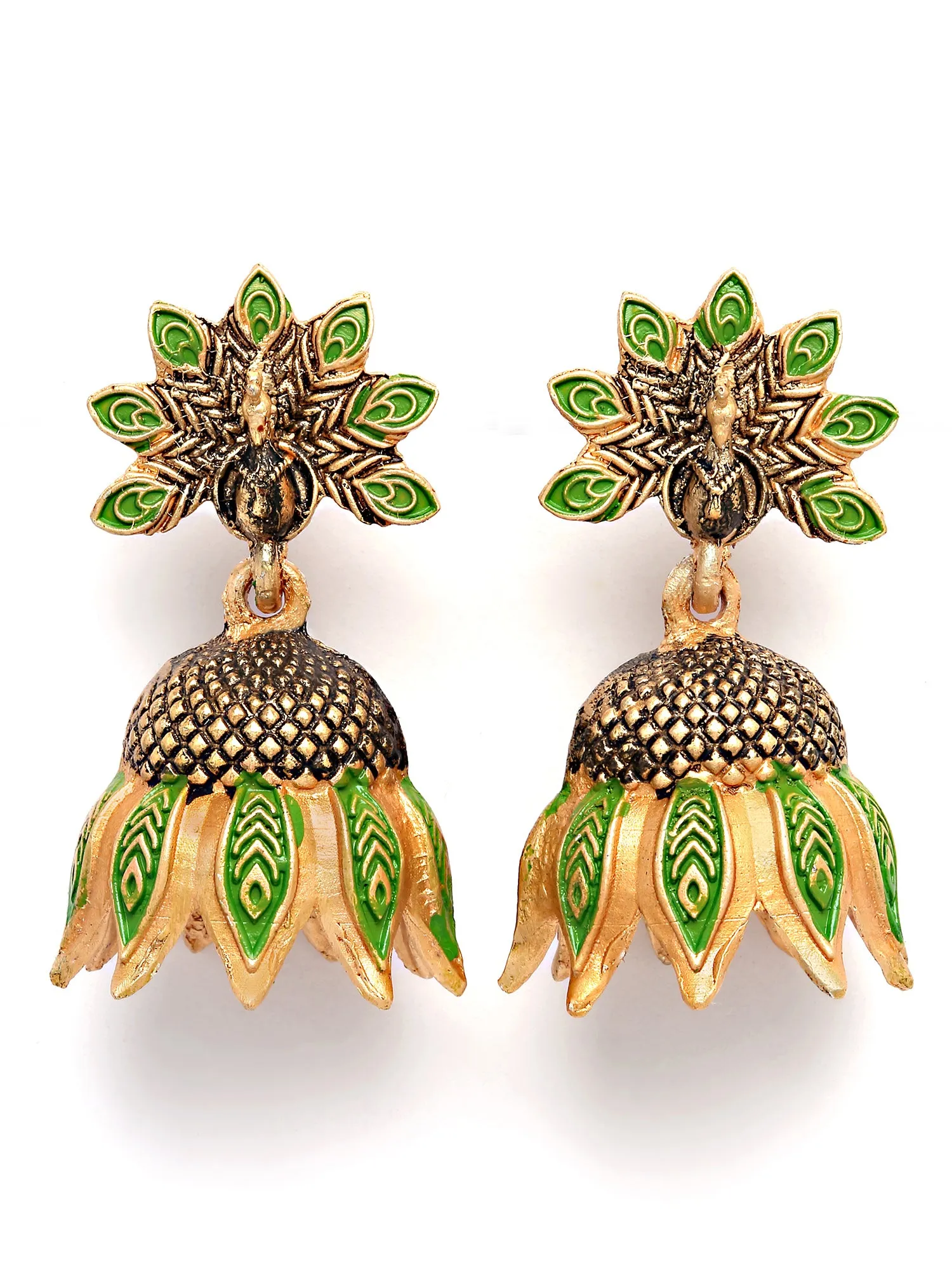Karatcart Gold Plated Peacock Design Light Green Jhumki Earrings for Women