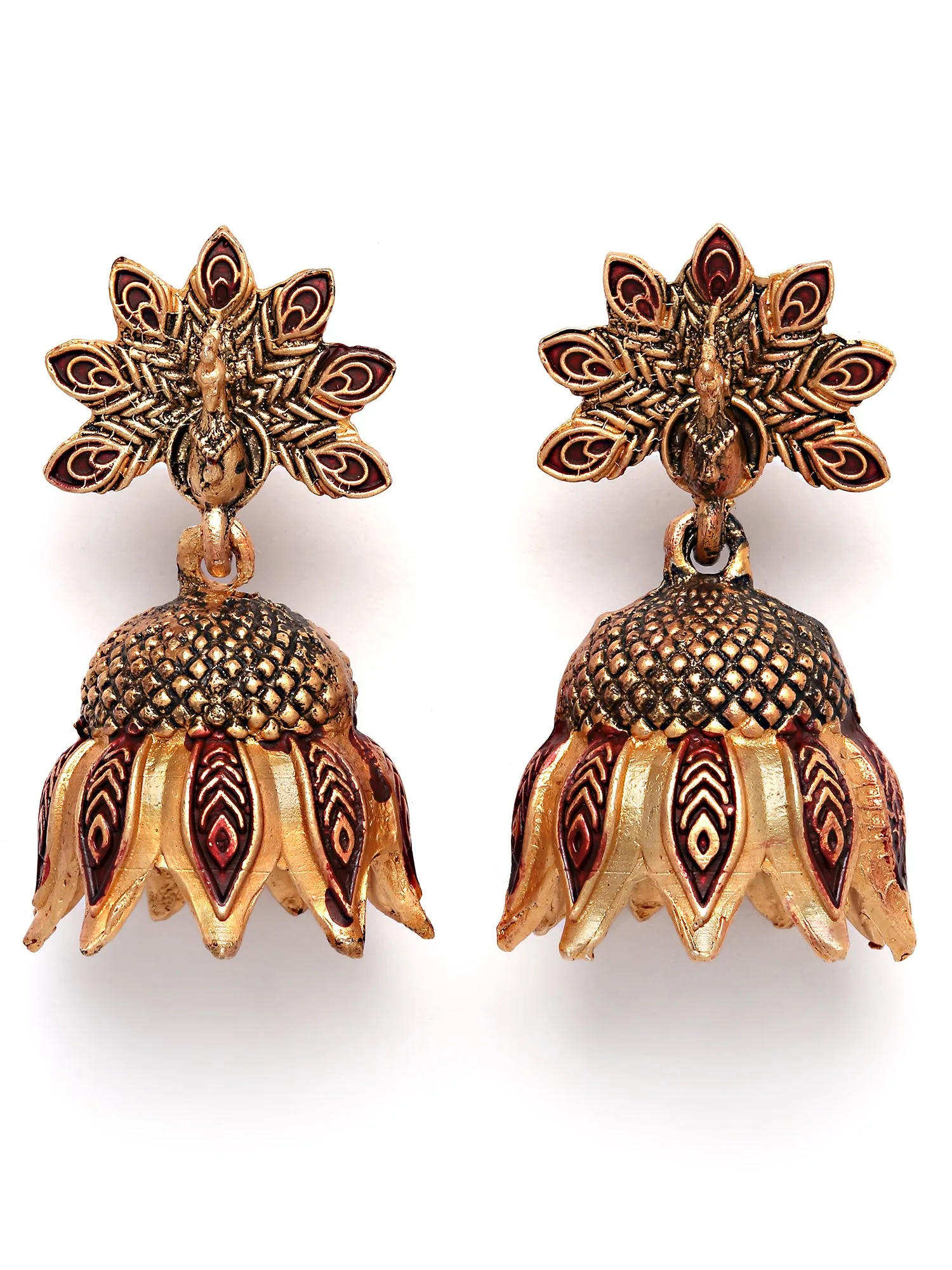 Karatcart Gold Plated Peacock Design Maroon Jhumki Earrings for Women