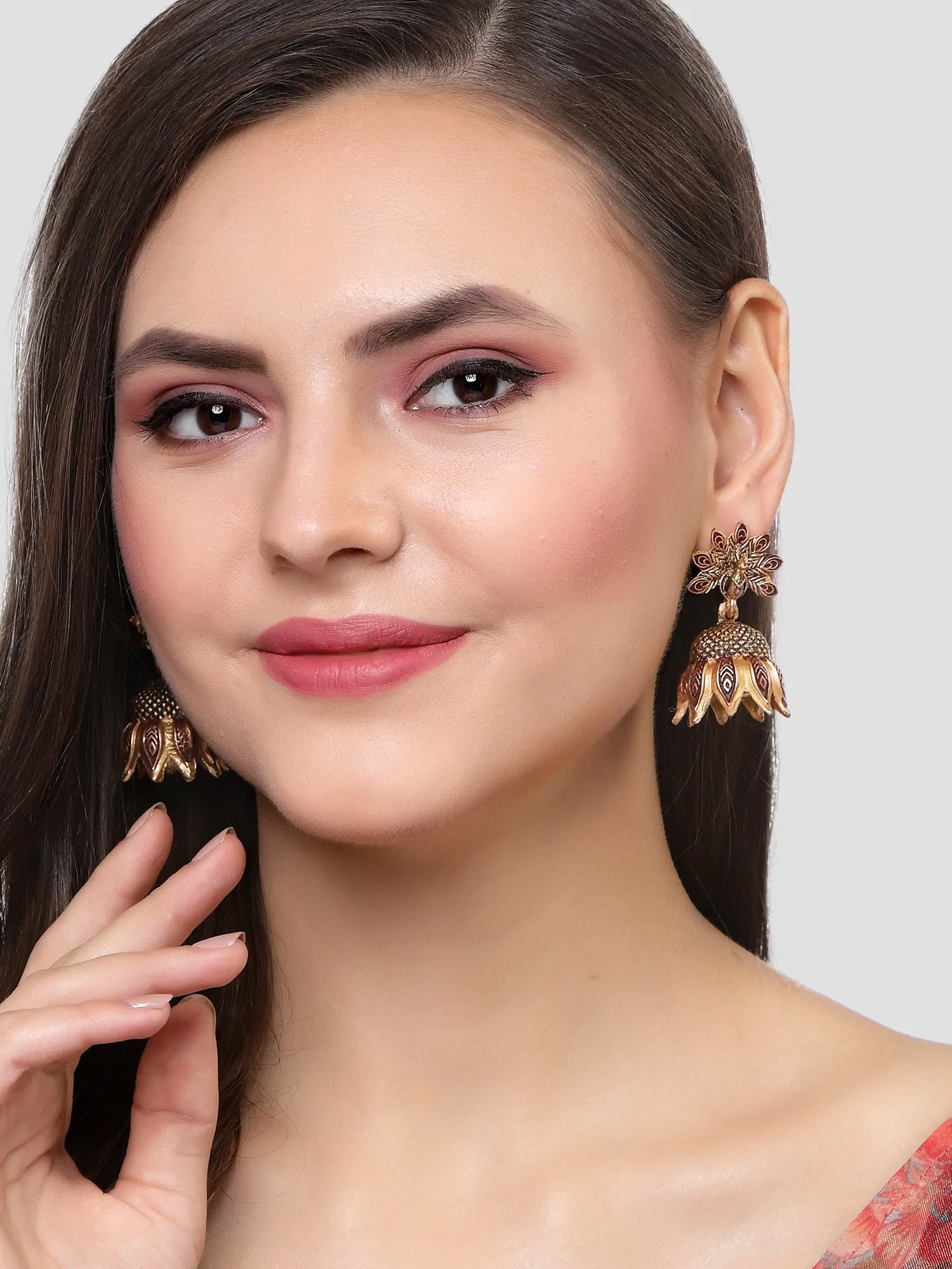 Karatcart Gold Plated Peacock Design Maroon Jhumki Earrings for Women