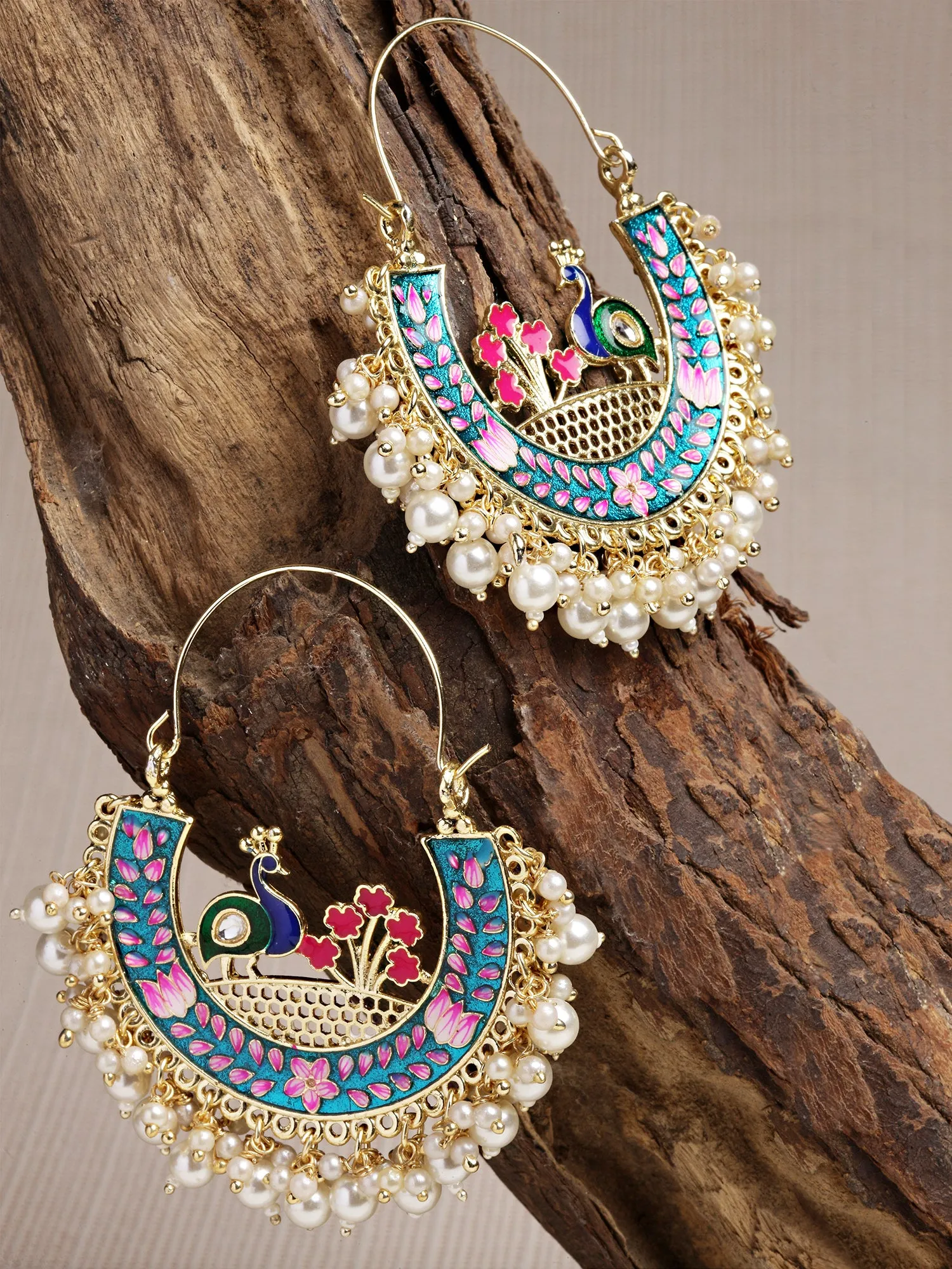 Karatcart Gold Plated Peacock Design Pearl Studded Multicolor Meena Chandbali Earrings for Women