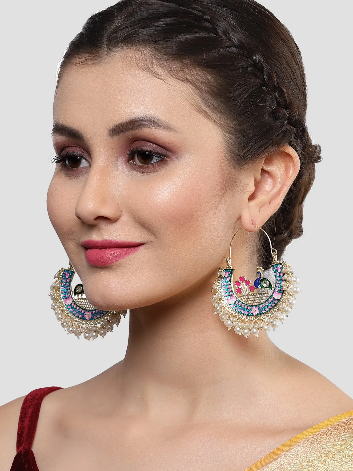 Karatcart Gold Plated Peacock Design Pearl Studded Multicolor Meena Chandbali Earrings for Women