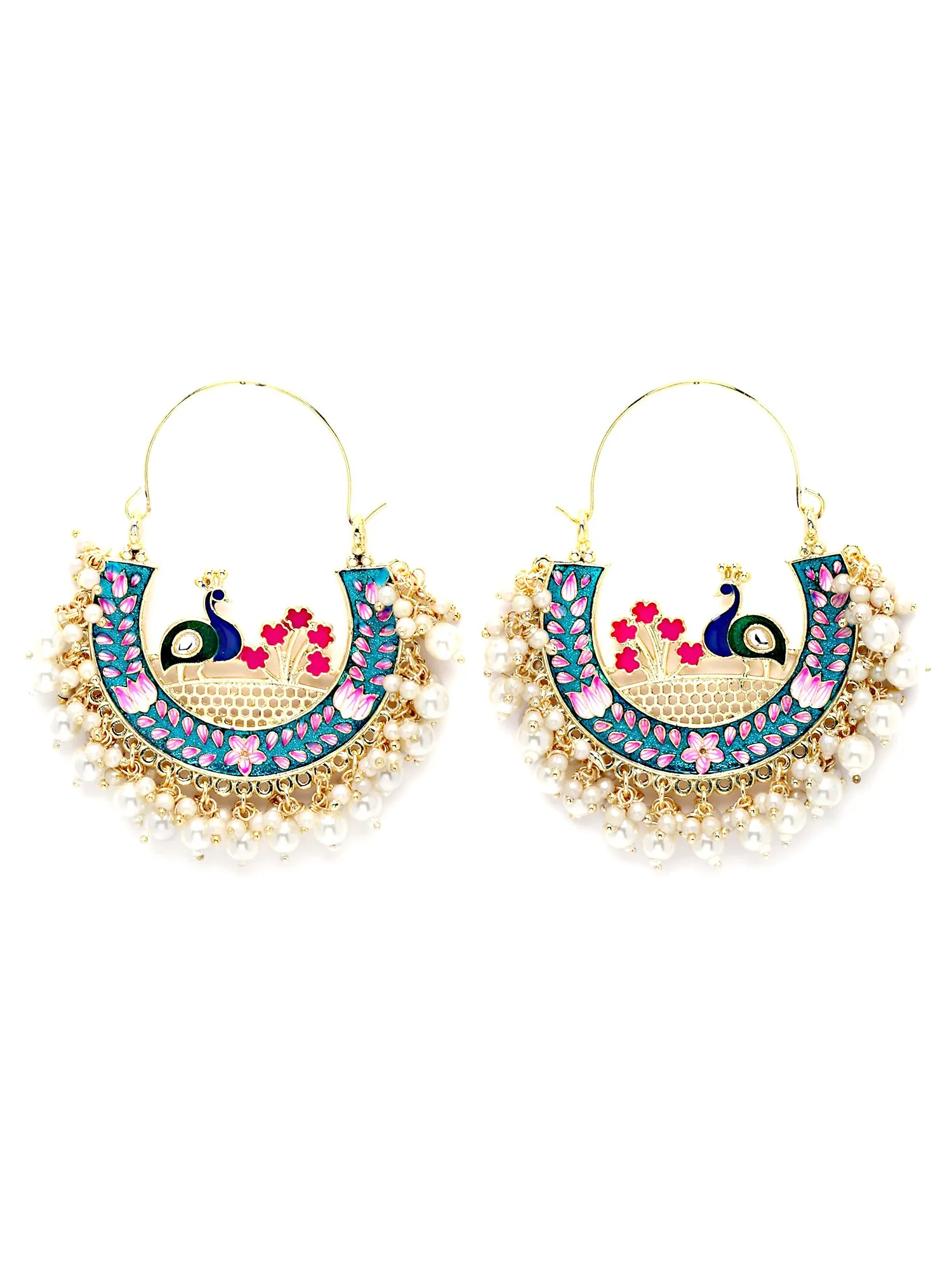Karatcart Gold Plated Peacock Design Pearl Studded Multicolor Meena Chandbali Earrings for Women