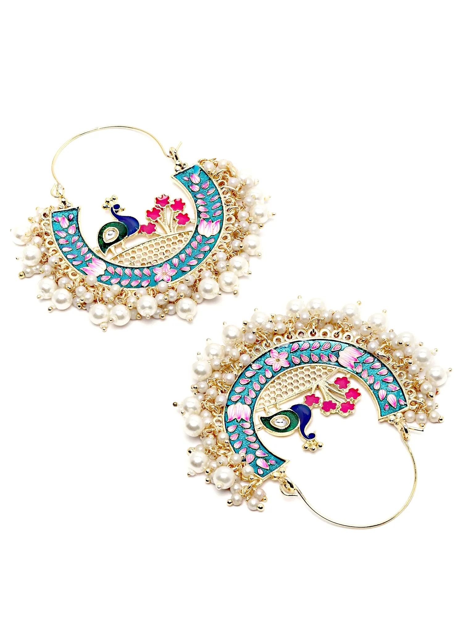 Karatcart Gold Plated Peacock Design Pearl Studded Multicolor Meena Chandbali Earrings for Women