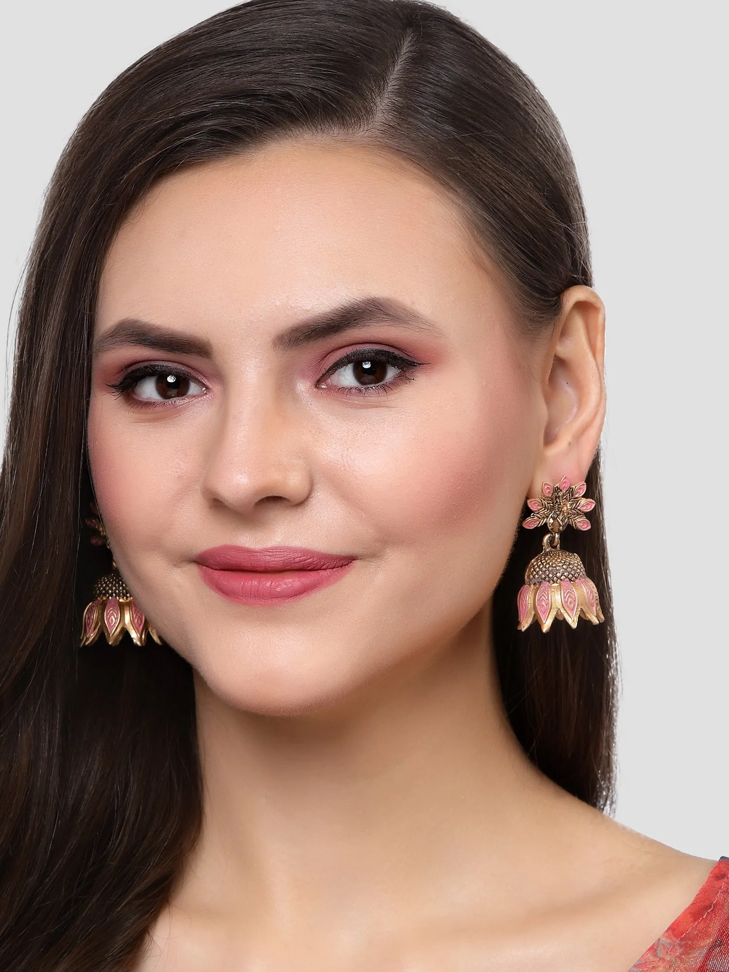Karatcart Gold Plated Peacock Design Pink Jhumki Earrings for Women