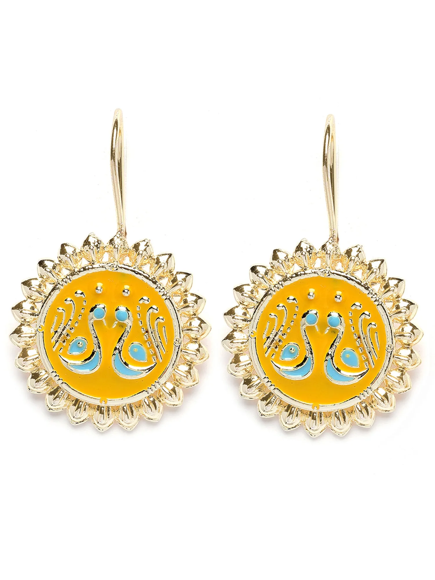 Karatcart Gold Plated Peacock Design Yellow Meena Drop Earrings for Women