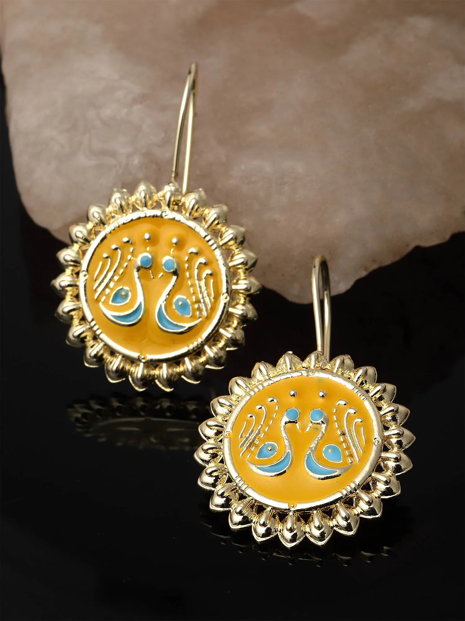 Karatcart Gold Plated Peacock Design Yellow Meena Drop Earrings for Women